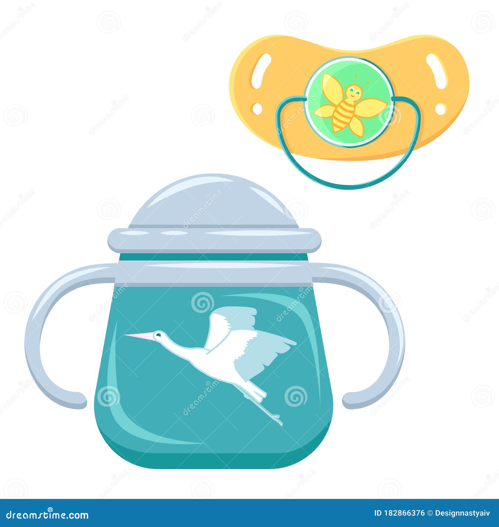 Baby Feeding Kit. Stork. First Meal. Bottles. Vector Illustration