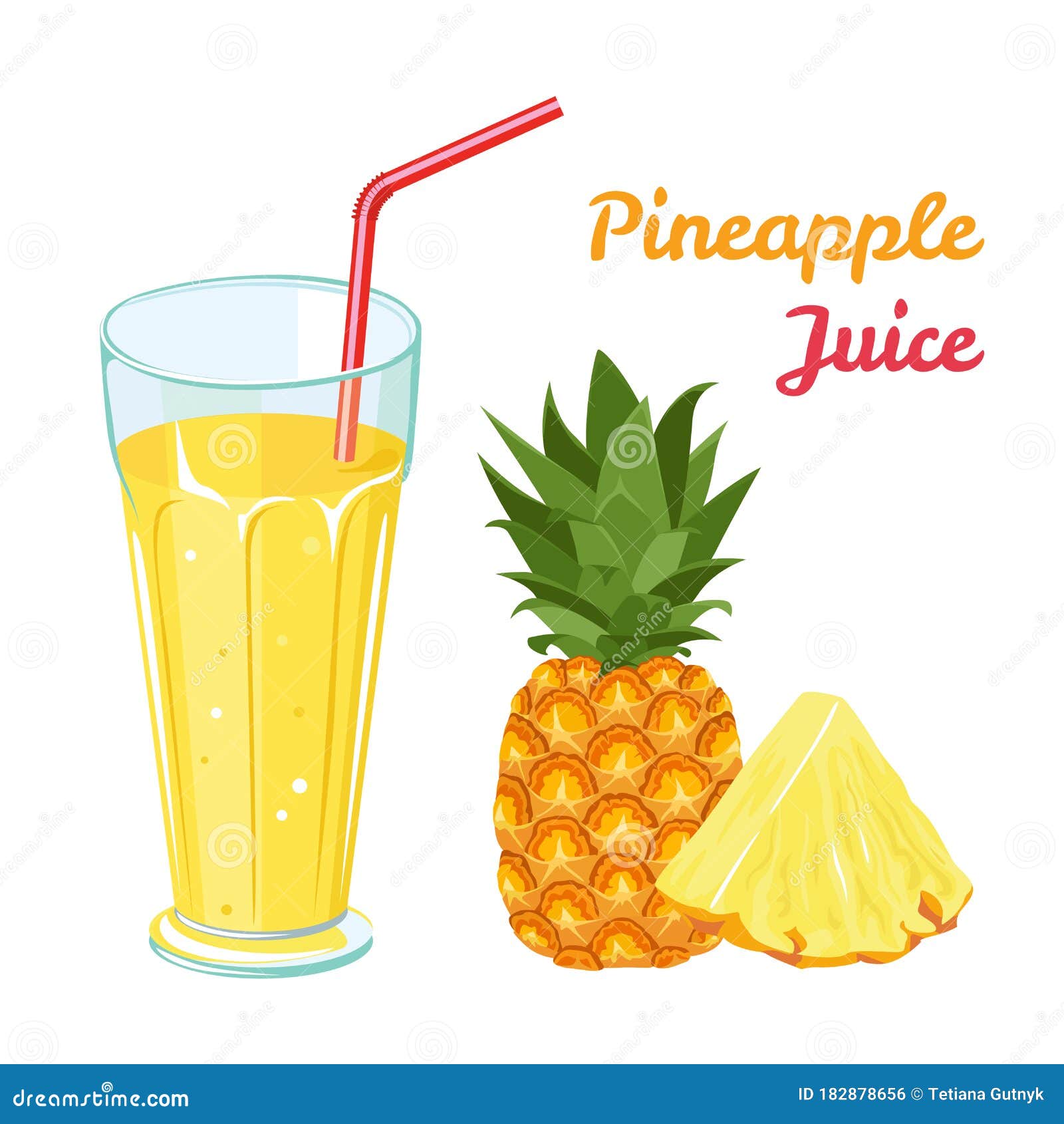 Fresh Pineapple Juice in Glass Cup Isolated on White Background. Vector