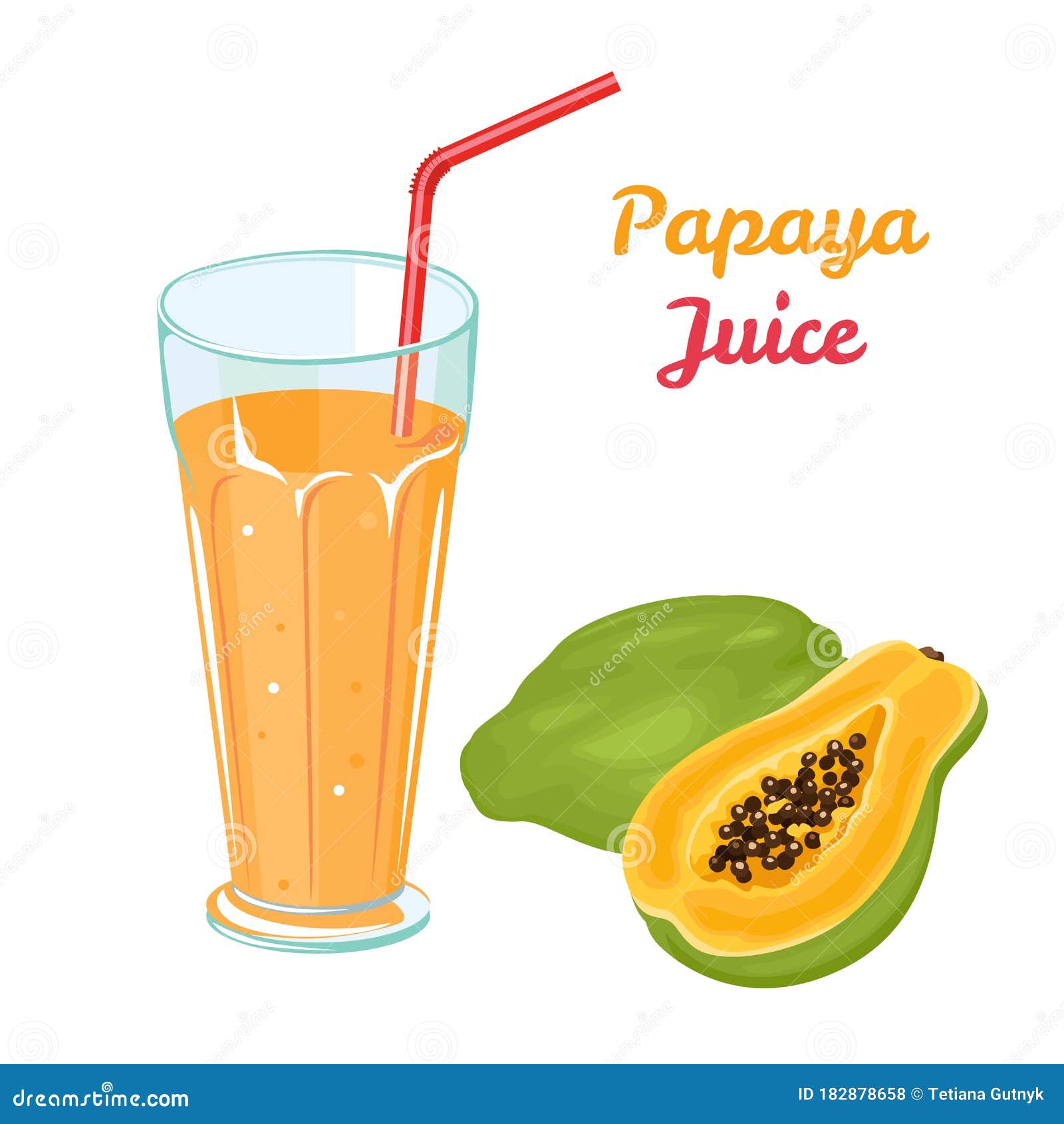 Fresh Papaya Juice in Glass Cup Isolated on White Background. Vector Illustration of Tropical