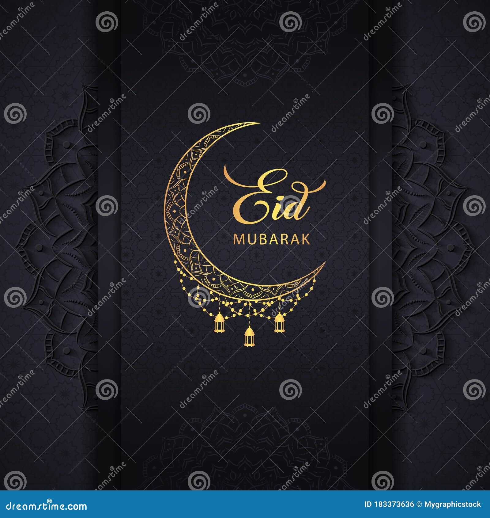 Eid Mubarak Black Background Greeting Design with Beautiful Mandala Art,  Golden Moon, Islamic Lantern and Arabic Pattern Stock Vector - Illustration  of black, floral: 183373636