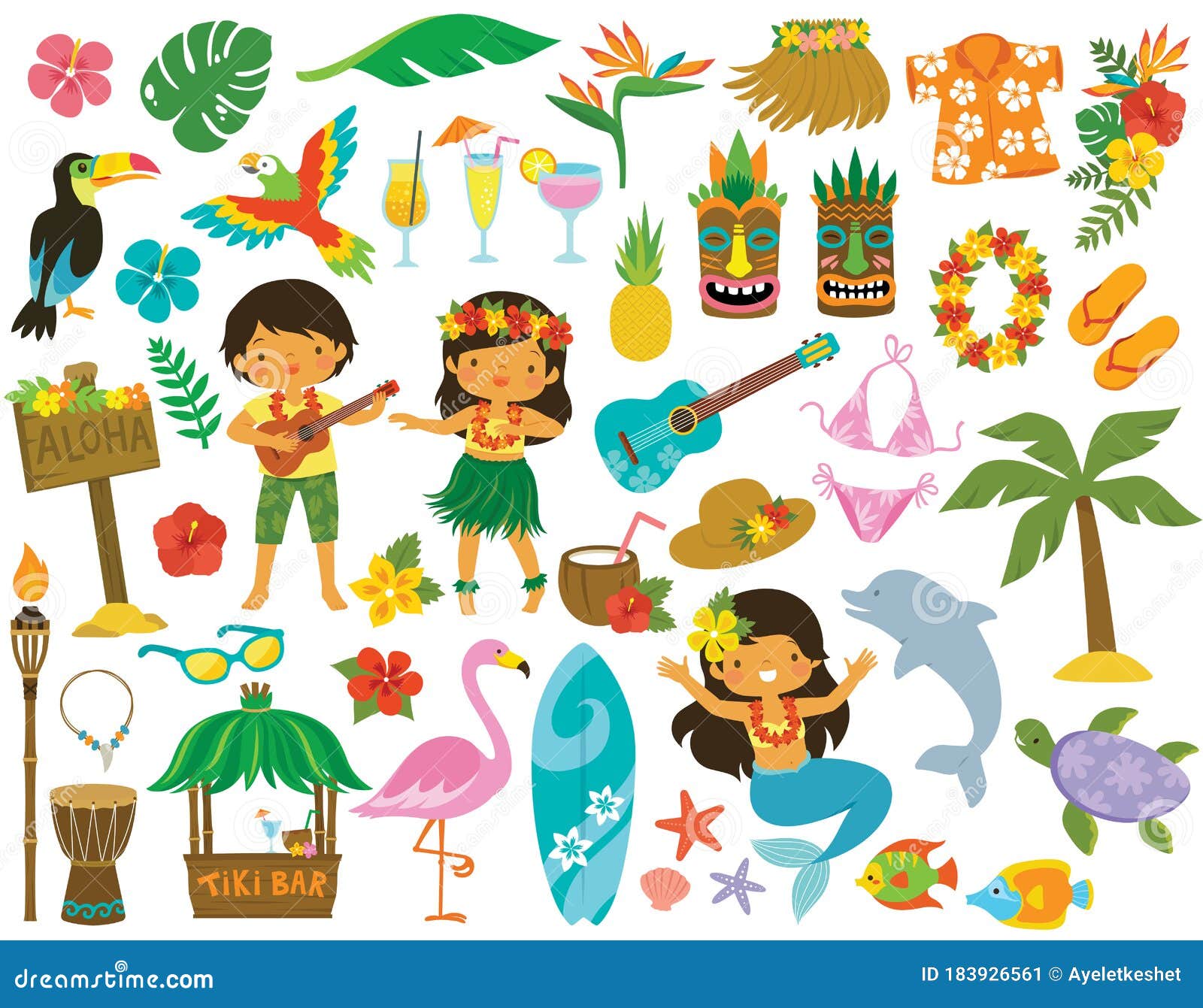 hawaii tropical clipart set with kids