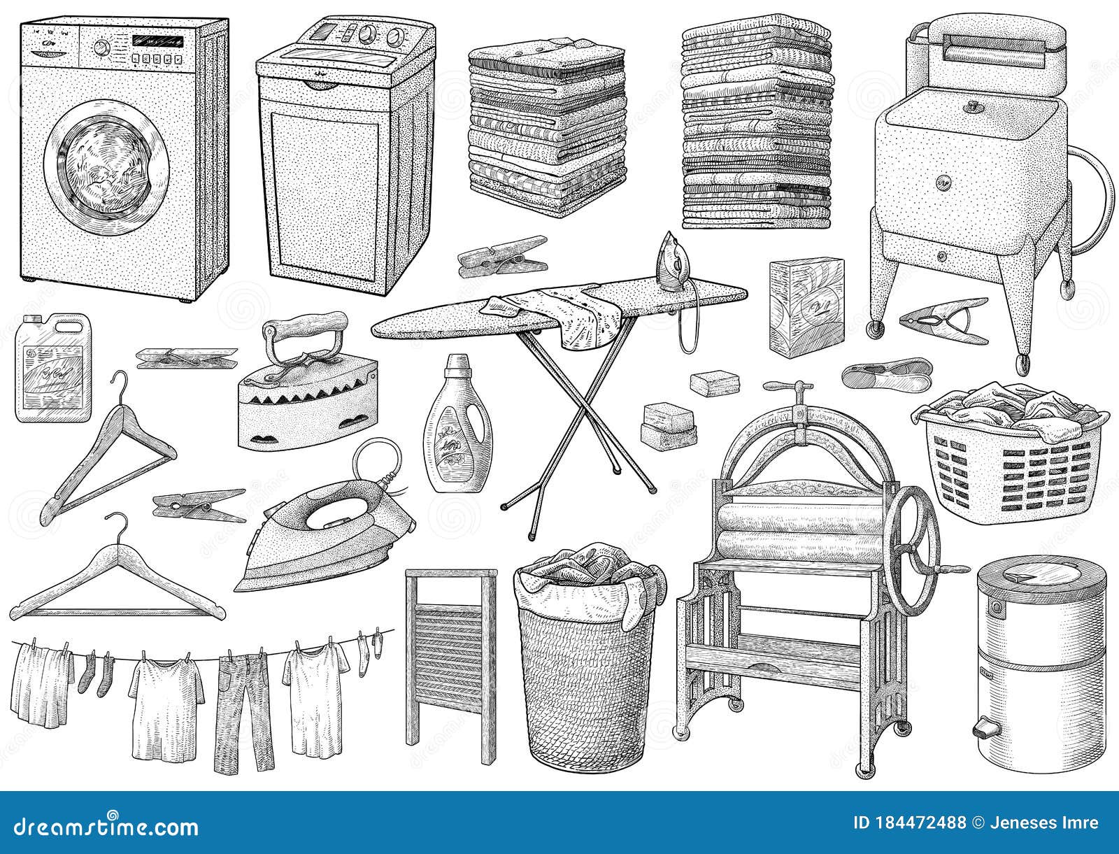 Laundry Collection, Equipment, Illustration, Drawing, Engraving, Ink