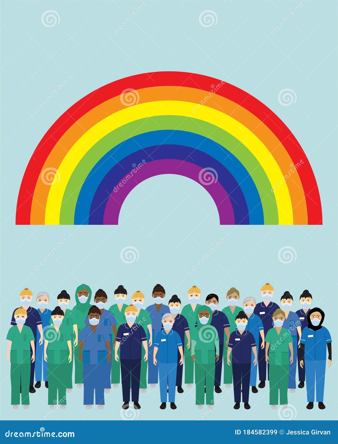 nhs hospital staff wearing face masks, standing below a rainbow