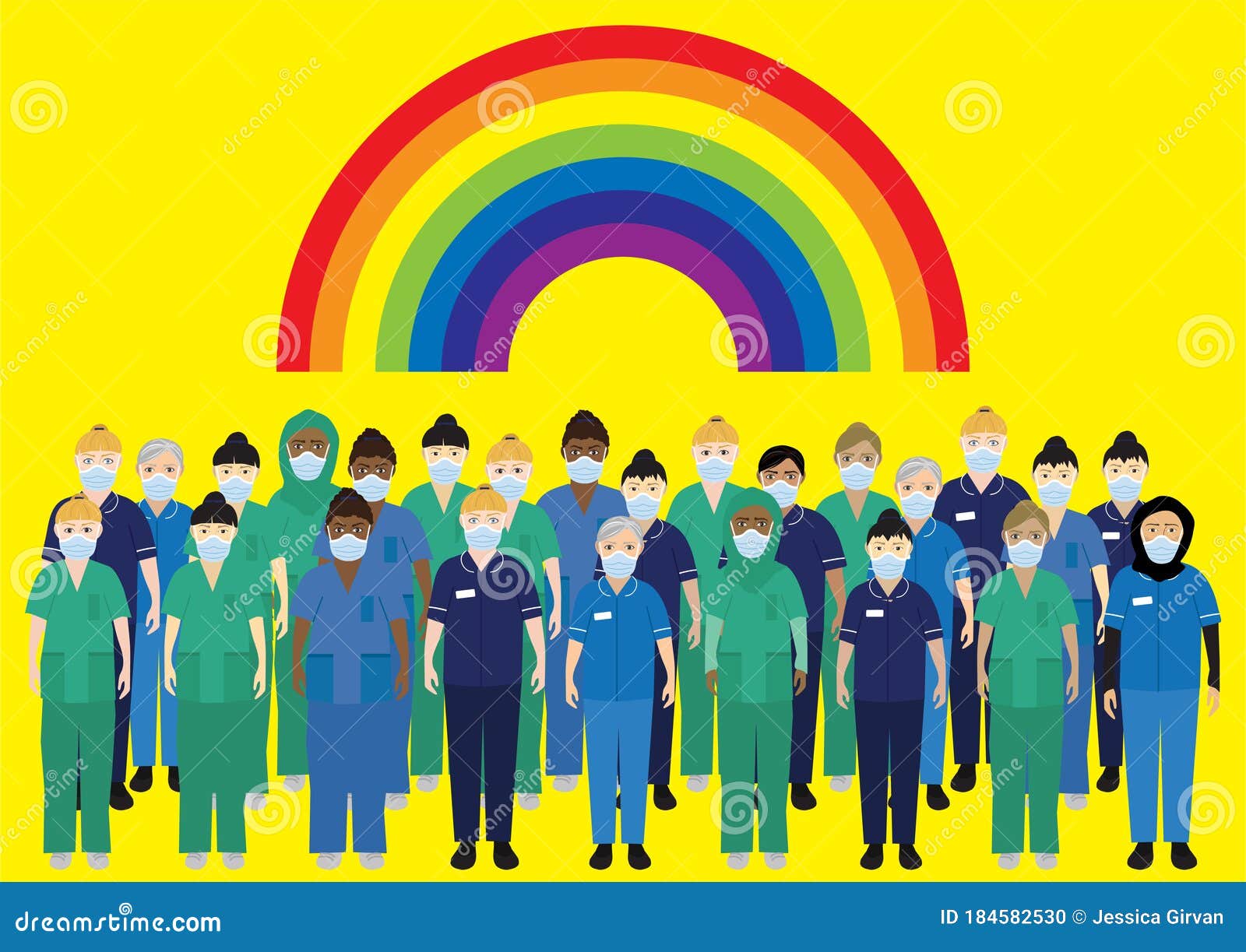 NHS Hospital Staff Wearing Face Masks, Standing Below a Rainbow Stock
