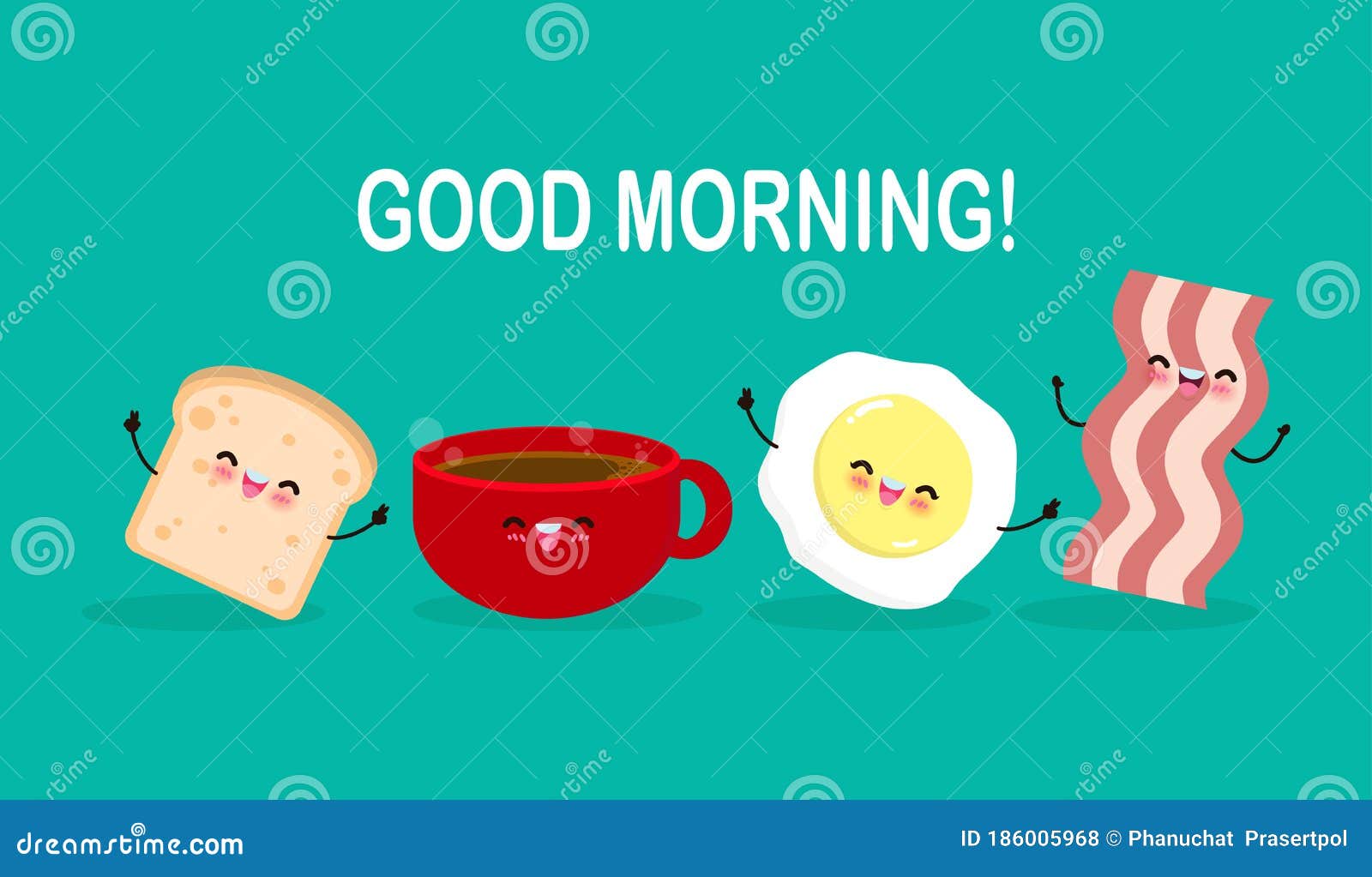 Good Morning Cute Cartoon Happy Coffee Cup, Egg, Toast, Bacon ...