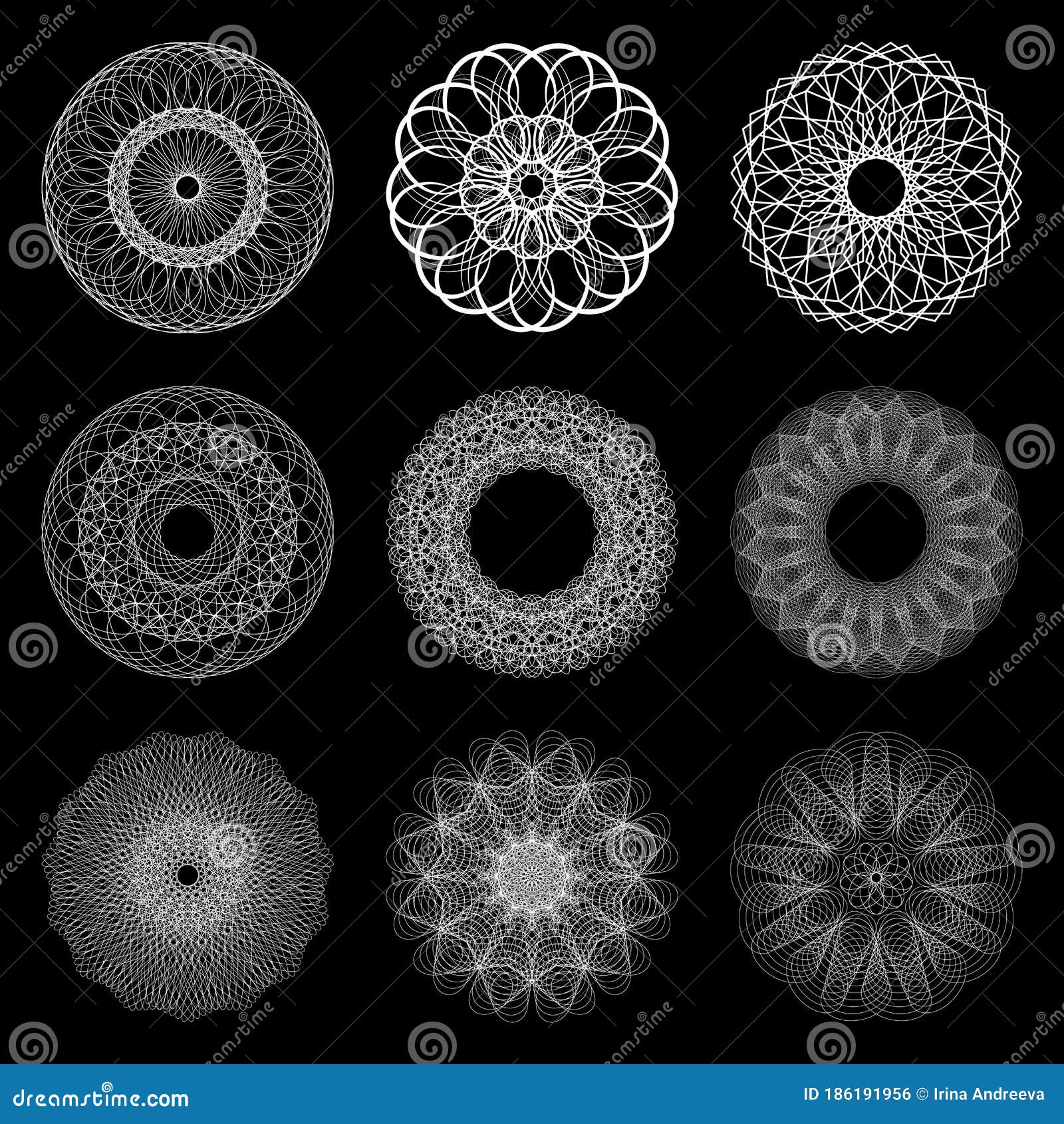 Collection of Snowflakes.Sacred Geometry. Spirograph and Black