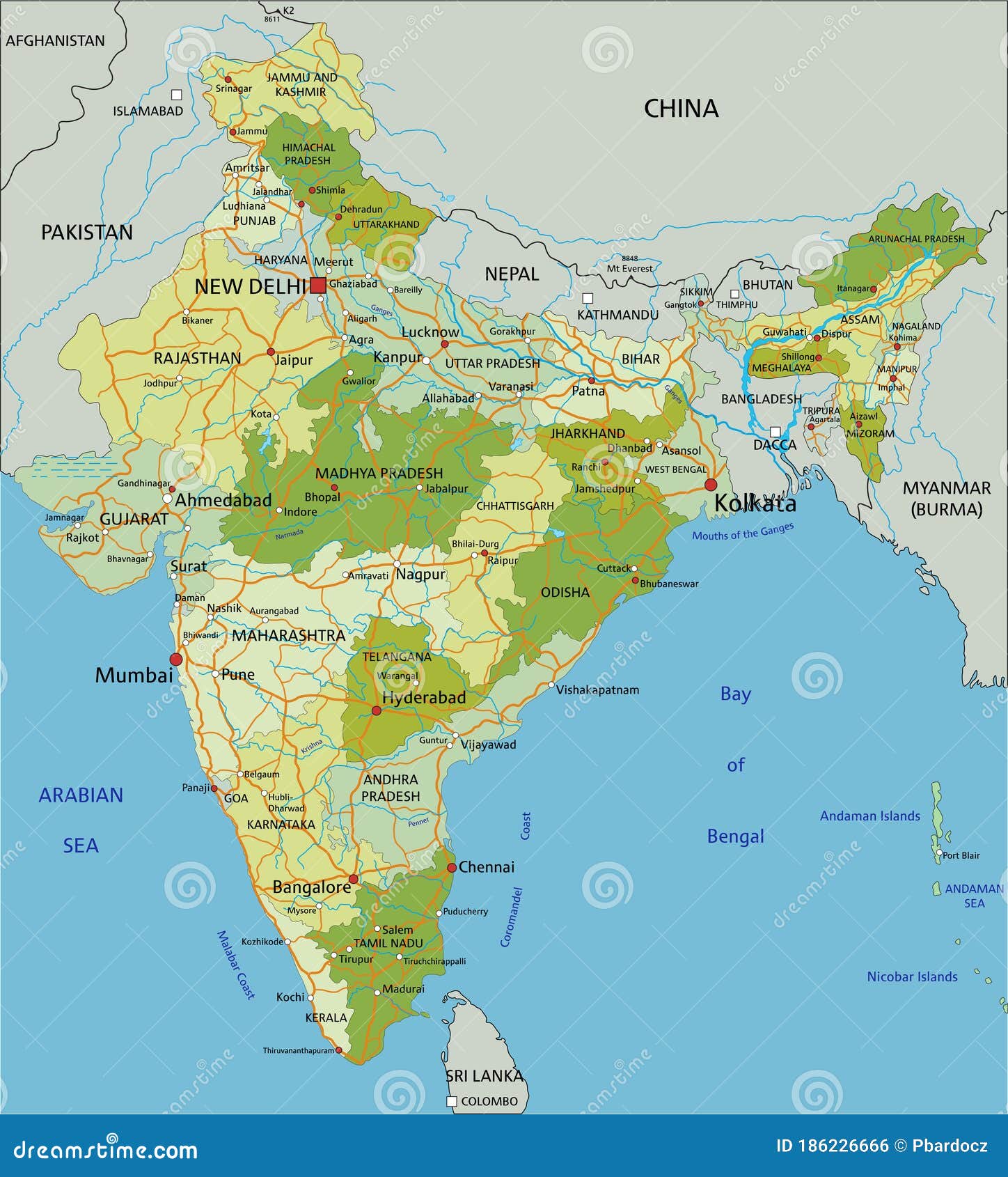 Highly Detailed Editable Political Map with Separated Layers. India