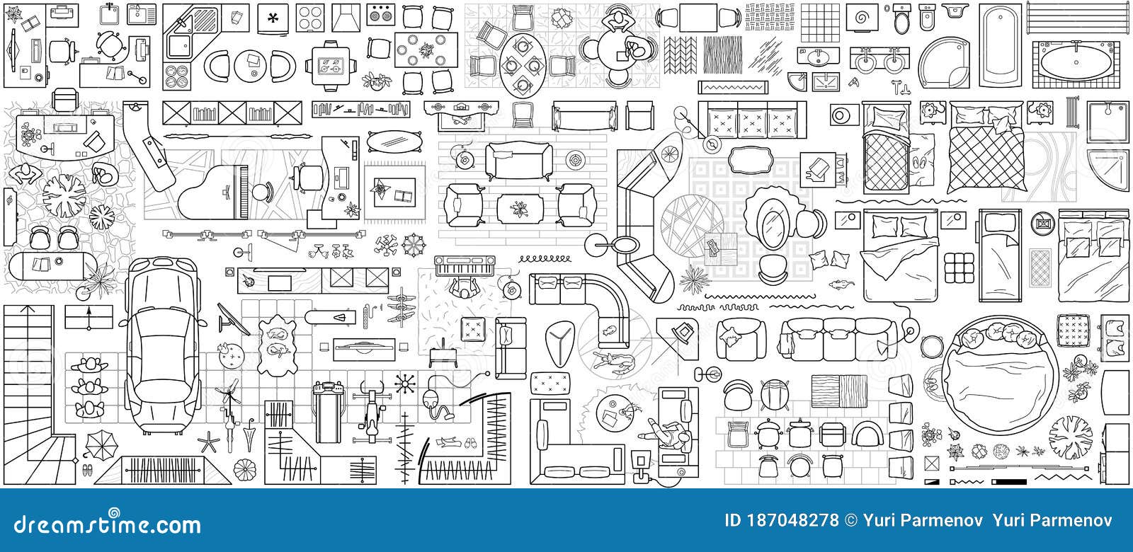 floor plan icons set for interior and architectural project view from above. furniture icon in top view for layout. 