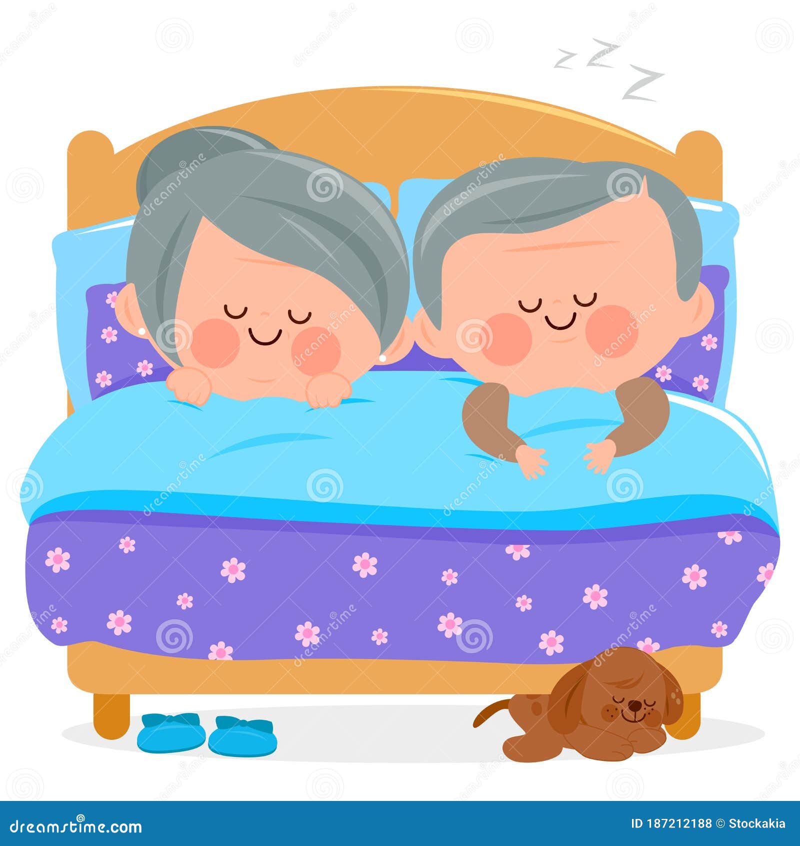 Senior couple in the bedroom at home sleep together. Old man and woman rest in bed. Vector illustration. Senior people rest in their bedroom at home. Old man and woman sleeping together in their bed under the covers. Pet dog is asleep under the bed. Vector illustration