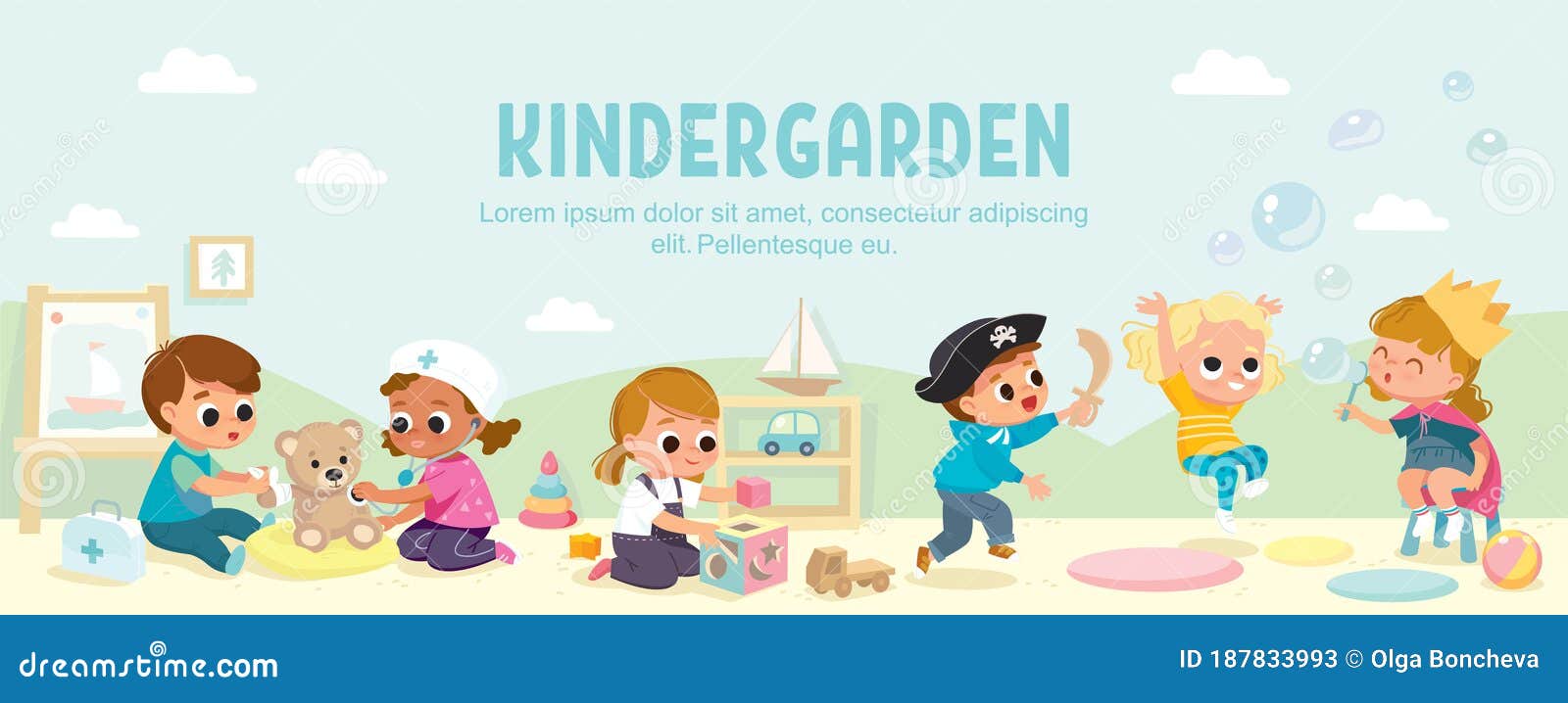 kids play together in kinder garden. playroom with children.