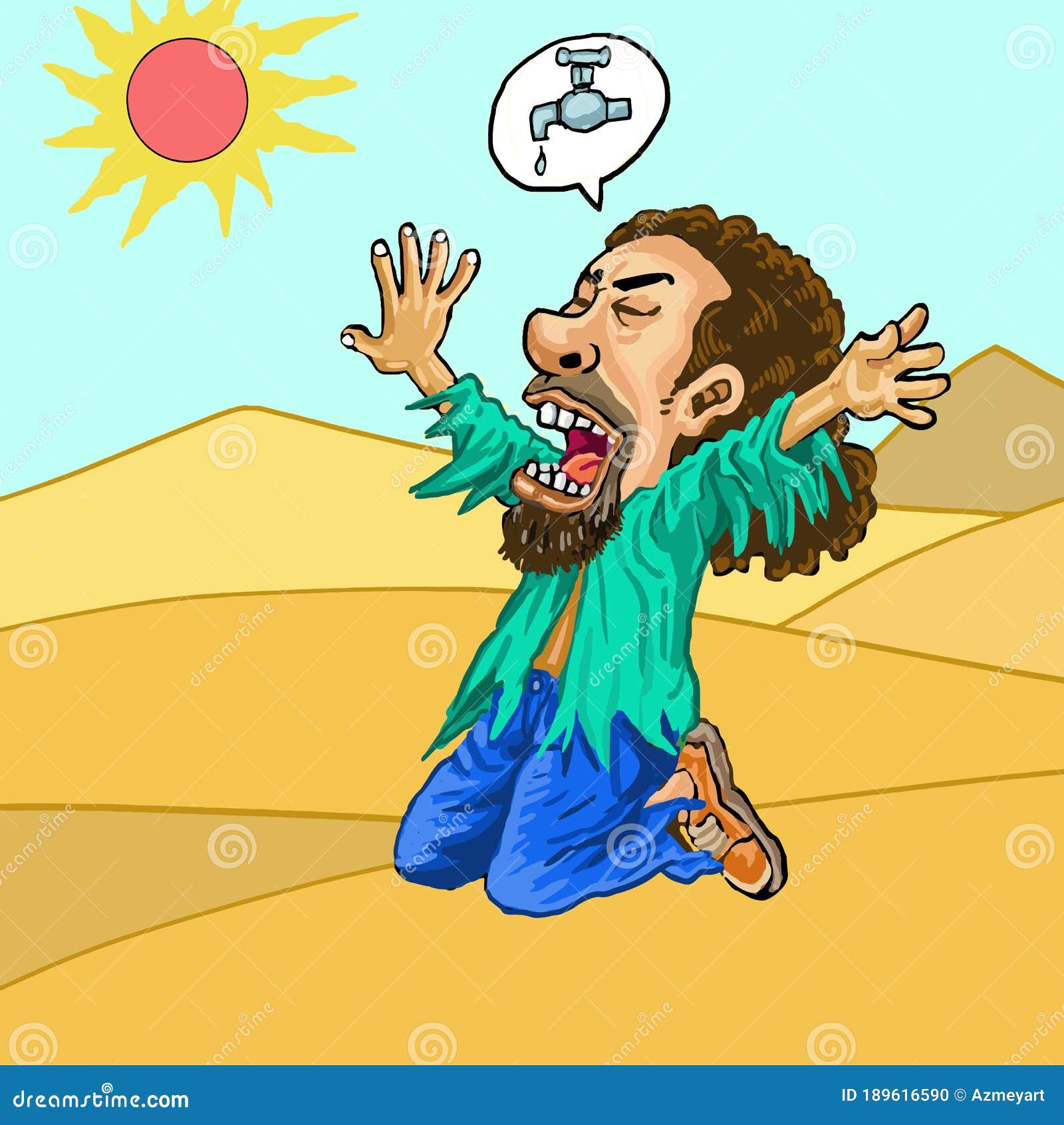 Cartoon Thirsty man lost in the desert. He searching for some water.