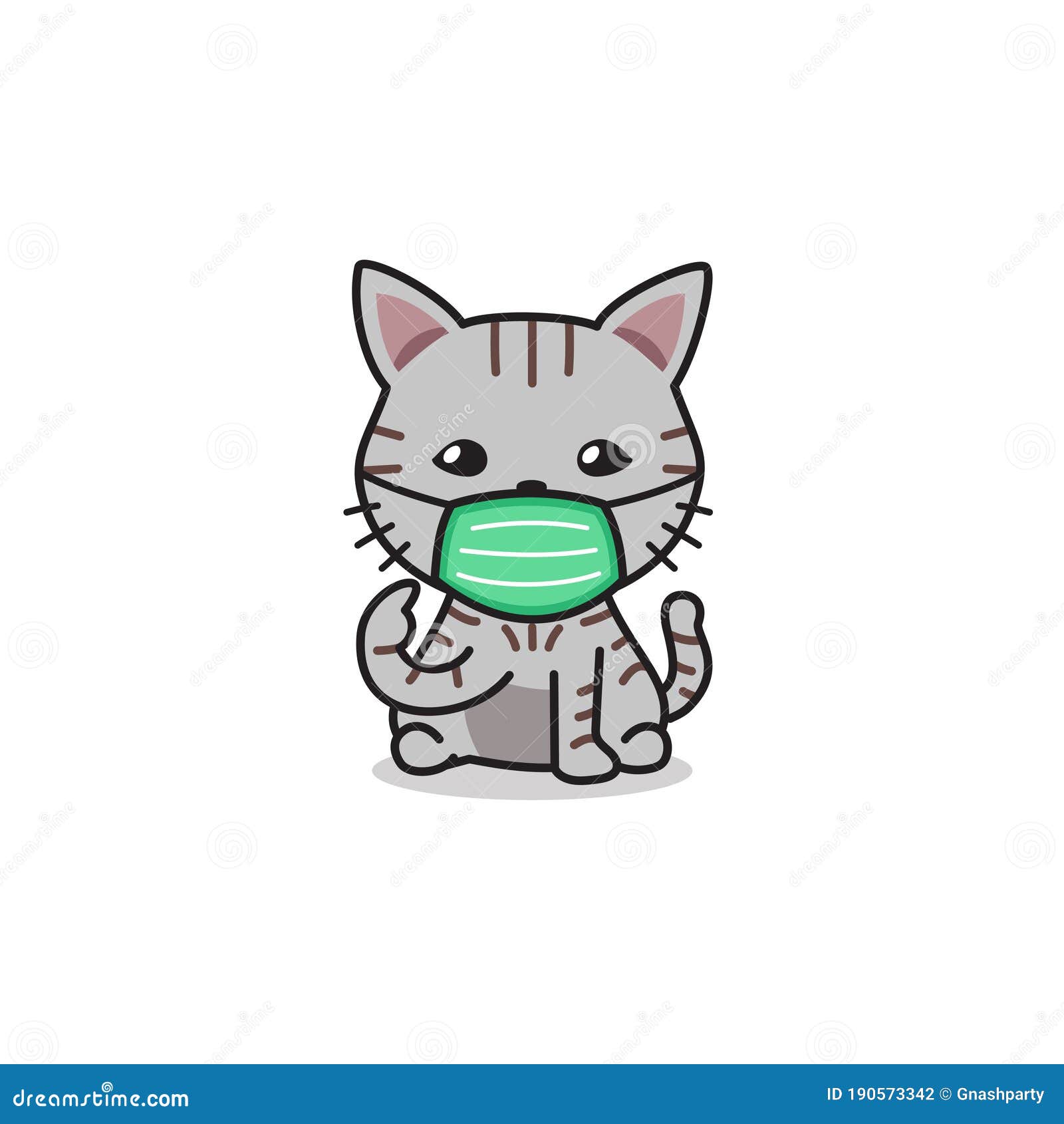 Cartoon Character Gray Tabby Cat Wearing Protective Face Mask Stock