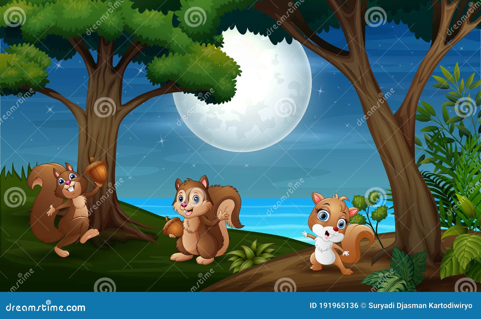 Night Forest with Three Squirrel Stock Illustration Illustration of