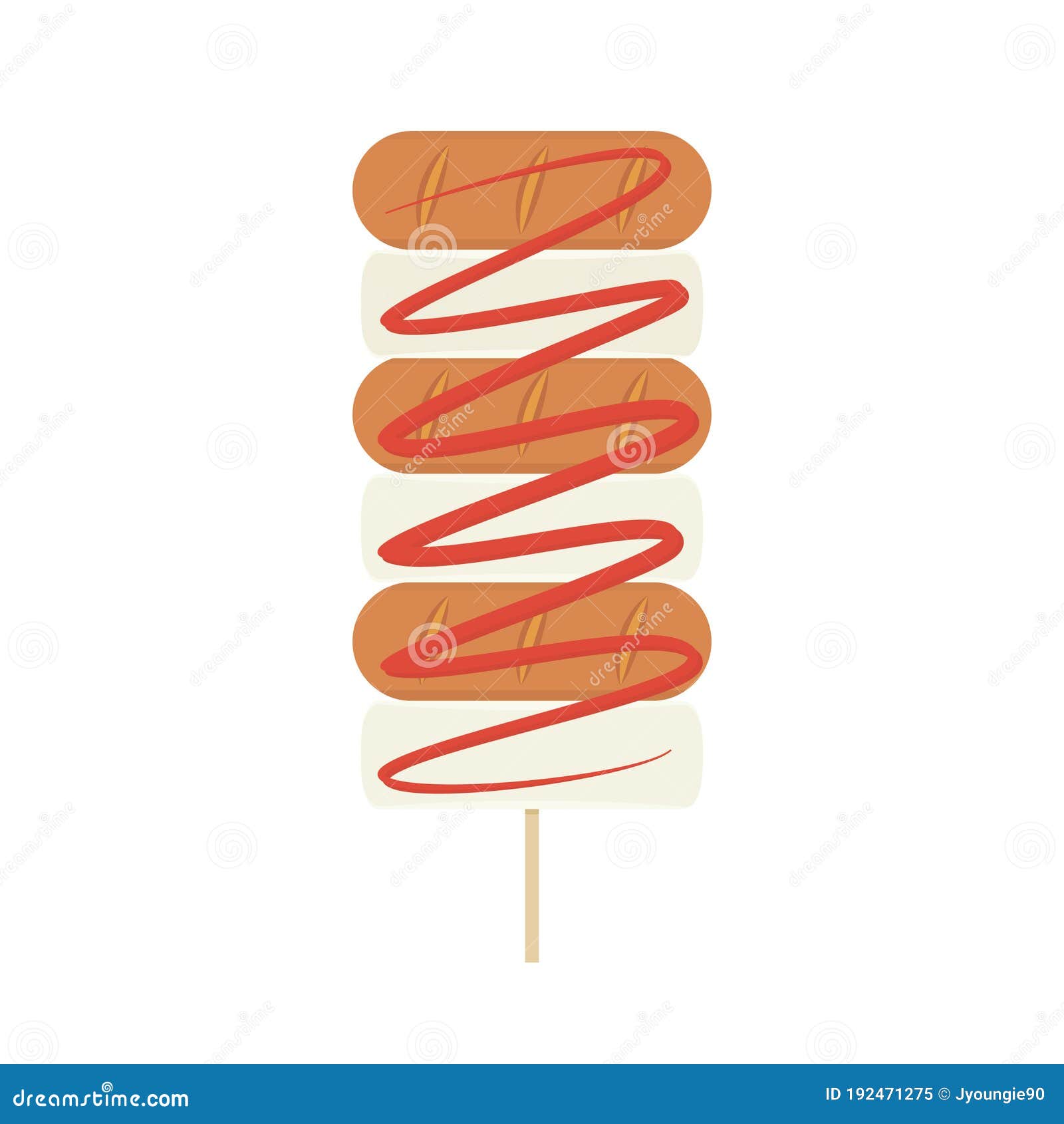 South Korean Street Food, Sweet Rice Cake, Hot Dog, Sausage Vector Illustration Background Stock