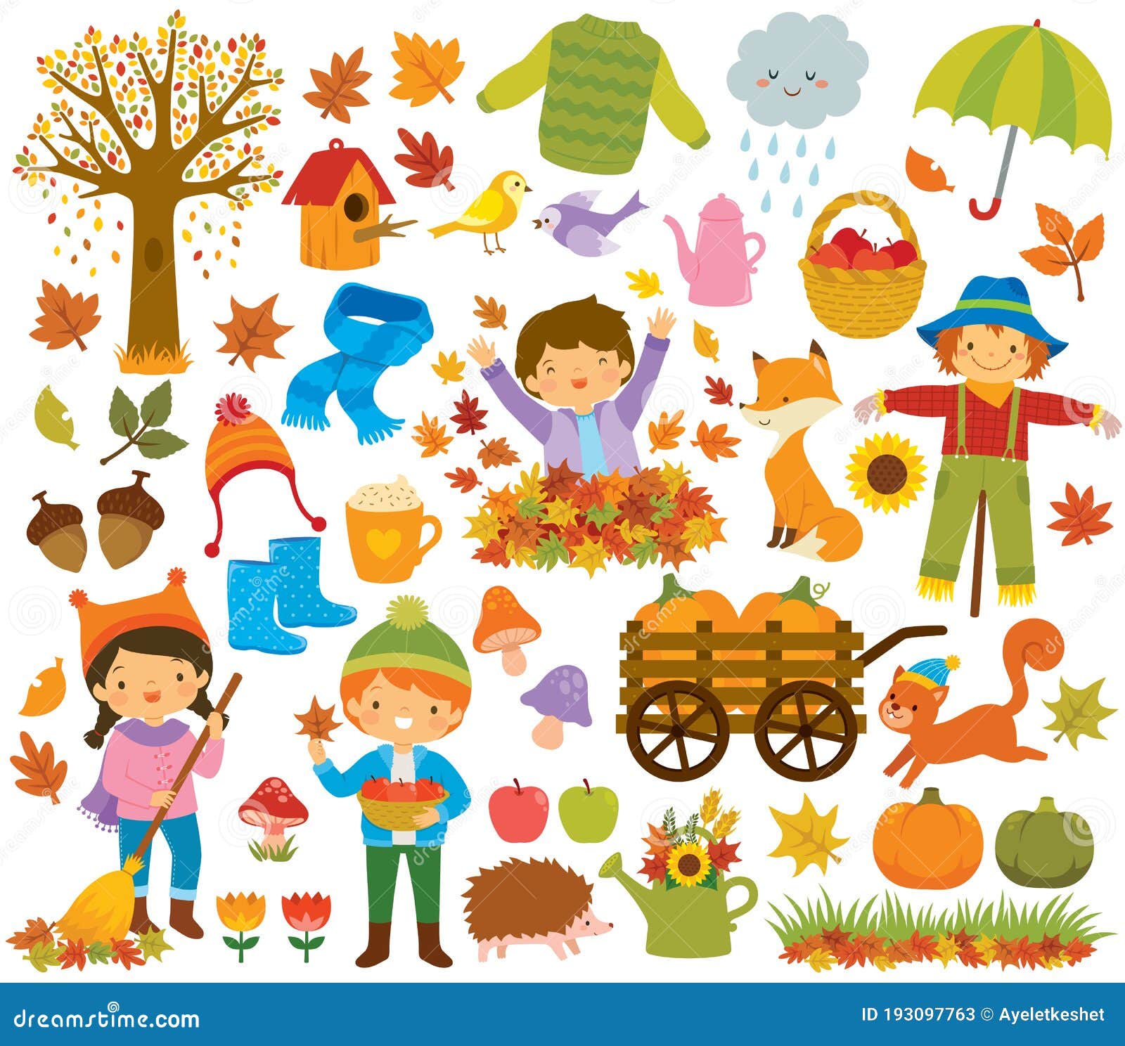 autumn clipart set with kids and animals