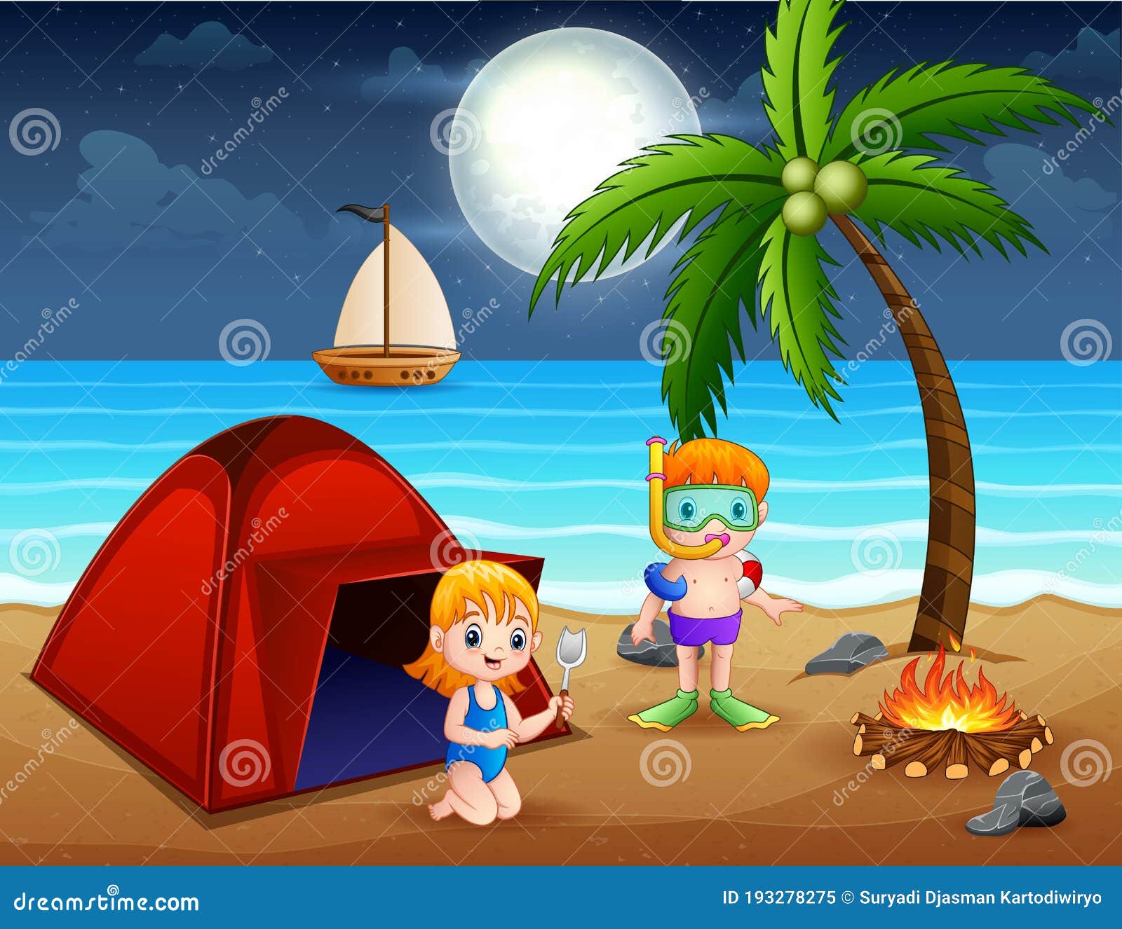 Scene with Children Having Fun on the Beach at Night Stock Vector