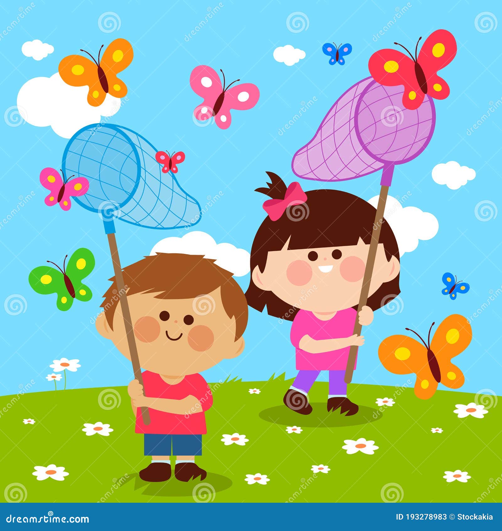 Children with Butterfly Nets Catching Butterflies. Vector Illustration  Stock Vector - Illustration of catch, nature: 193278983