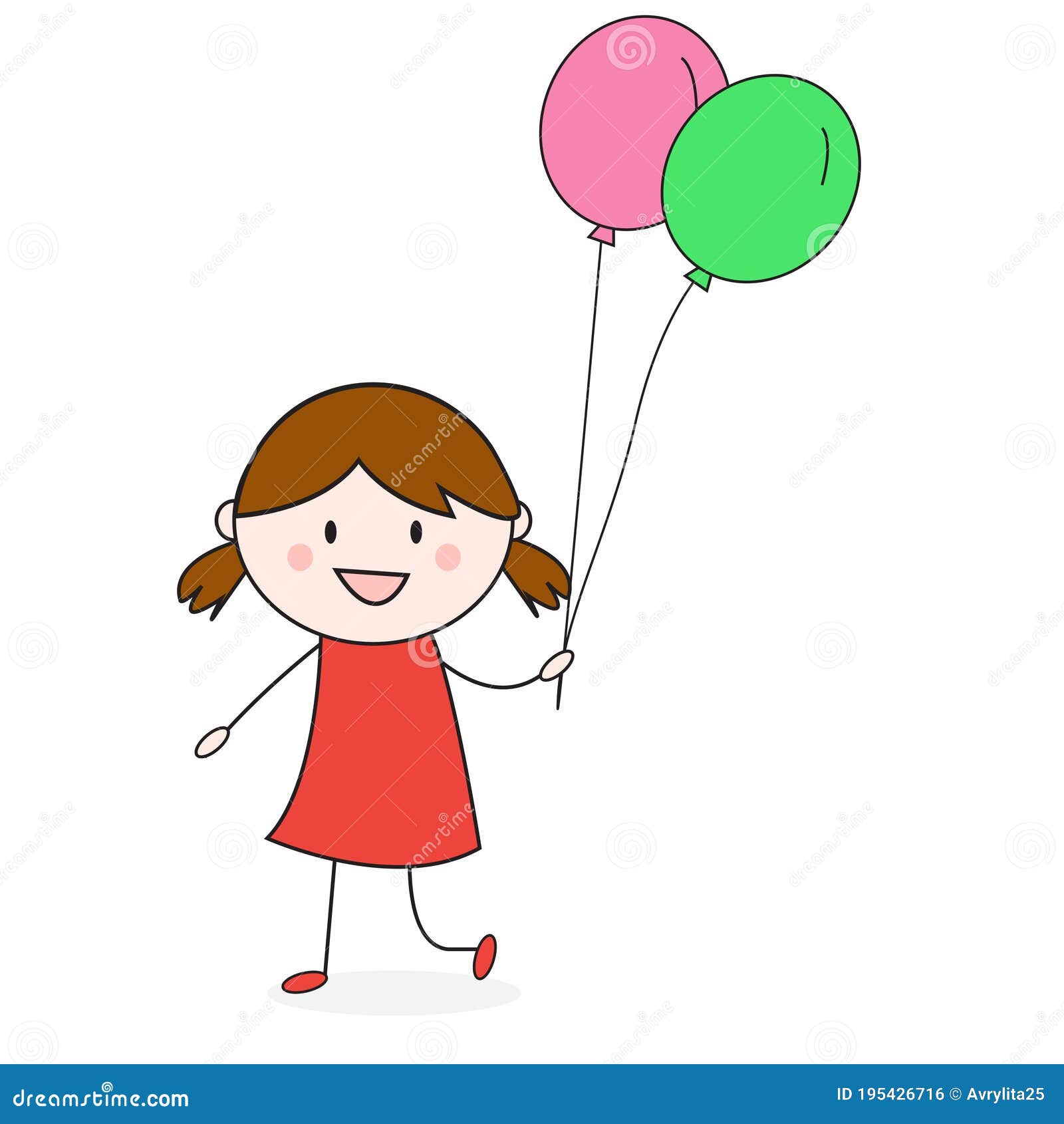 Little Girl with Balloon Doodle Cartoon Vector Stock Vector