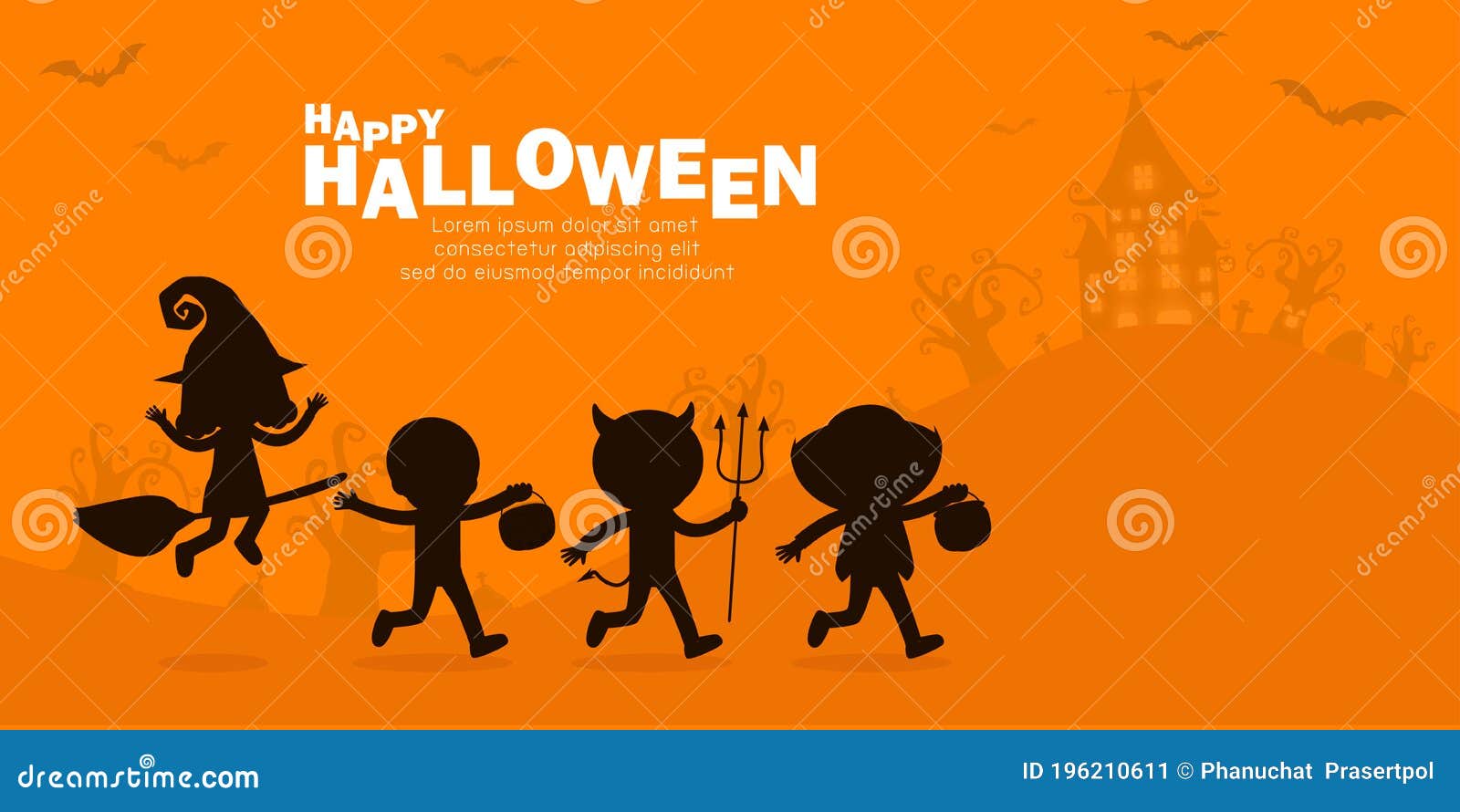 Happy Halloween Party Poster, Cute Little Group Kids Silhouette Dressed