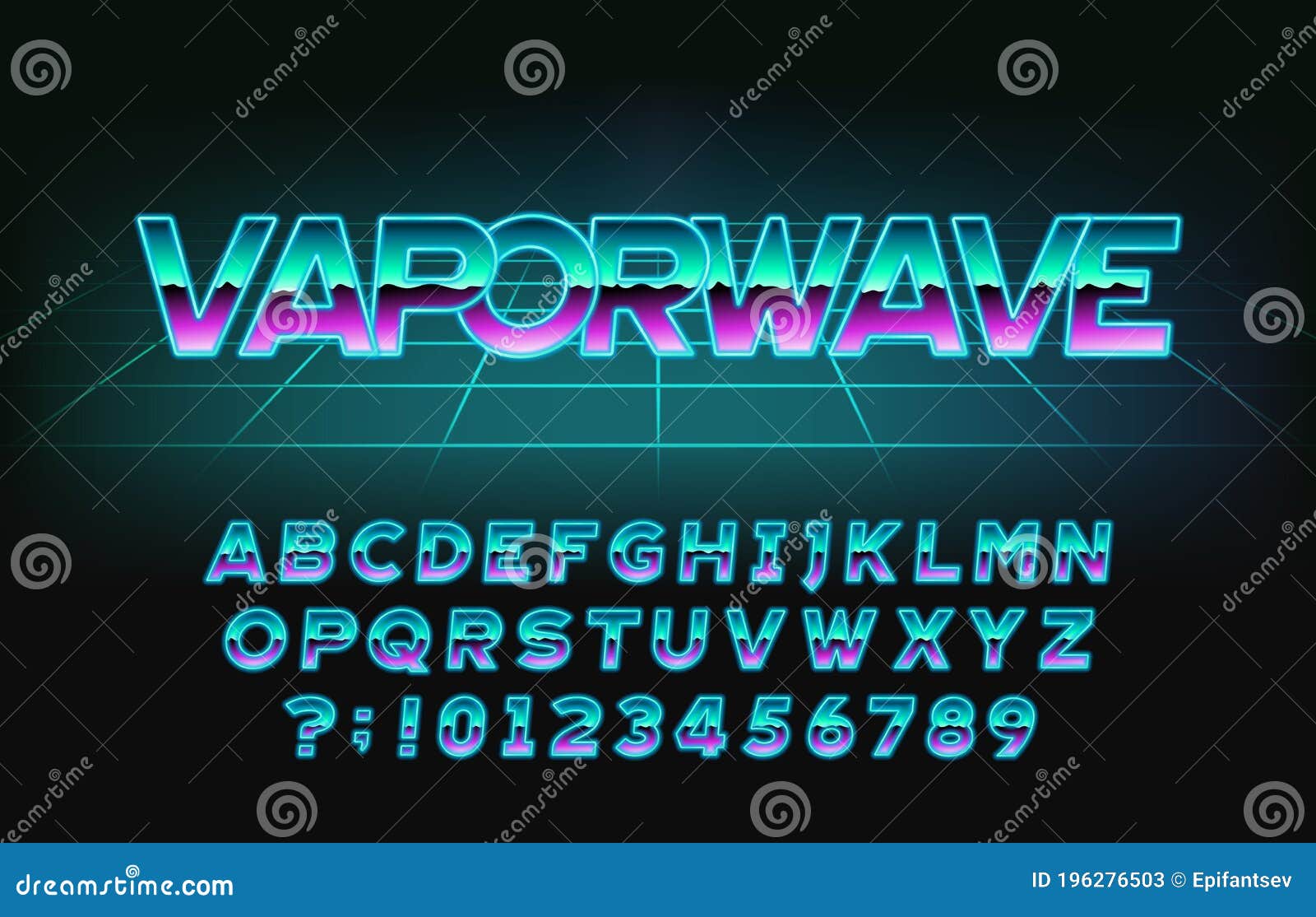 vaporwave alphabet font. retro letters, numbers and s in 80s style.