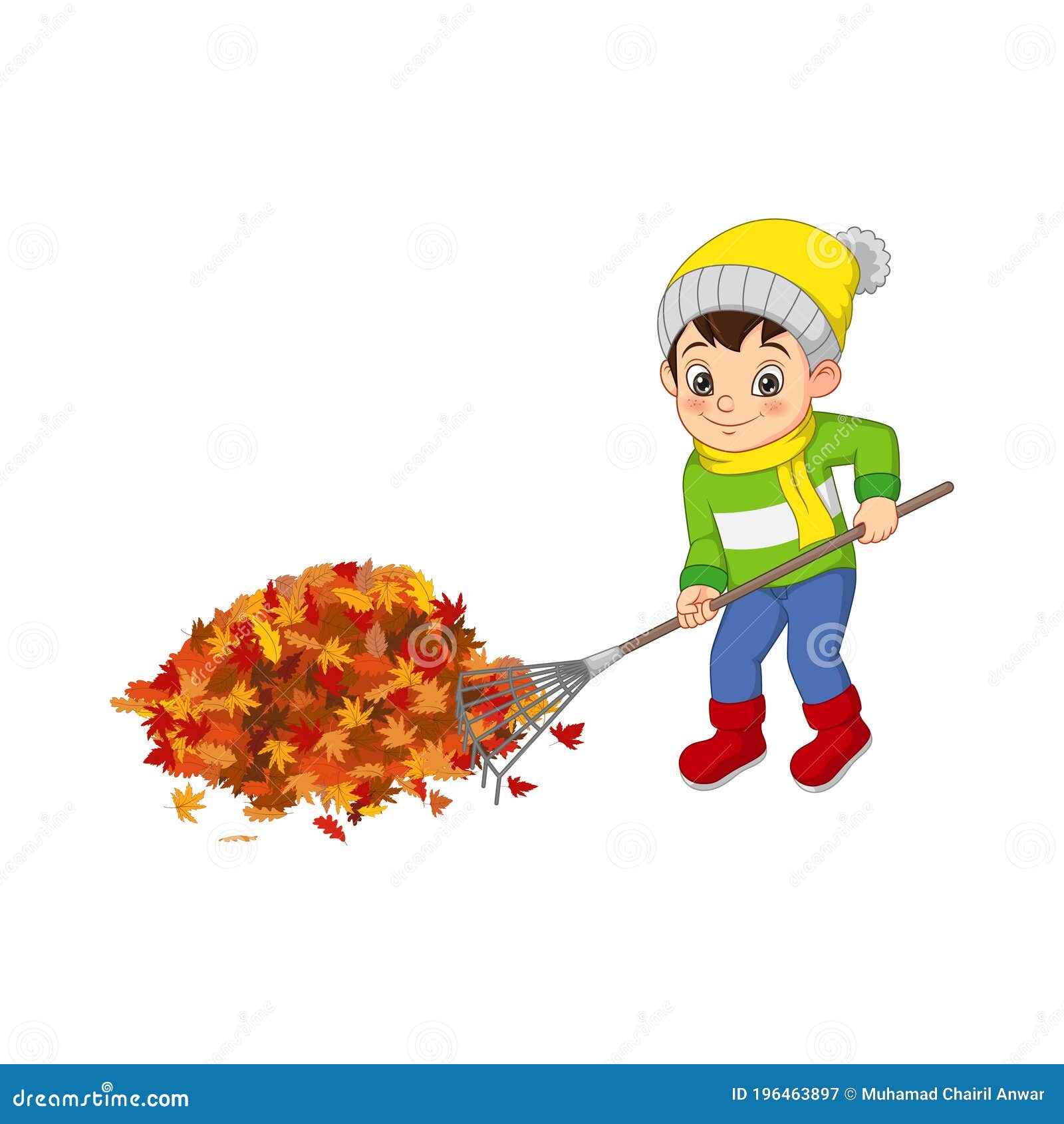 Cute Boy Volunteers Cleaning Up Autumn Leaves Stock Vector ...