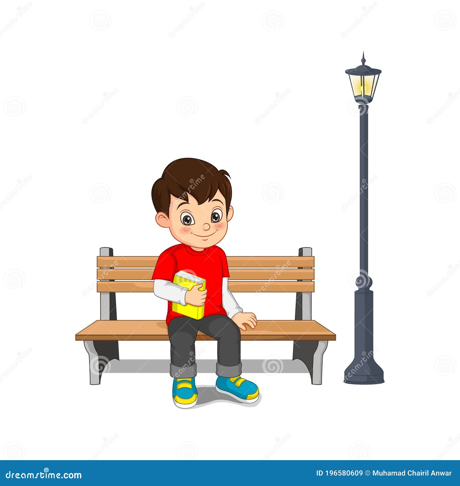 Cartoon Happy Boy Sitting on Bench with Holding a Books Stock Vector