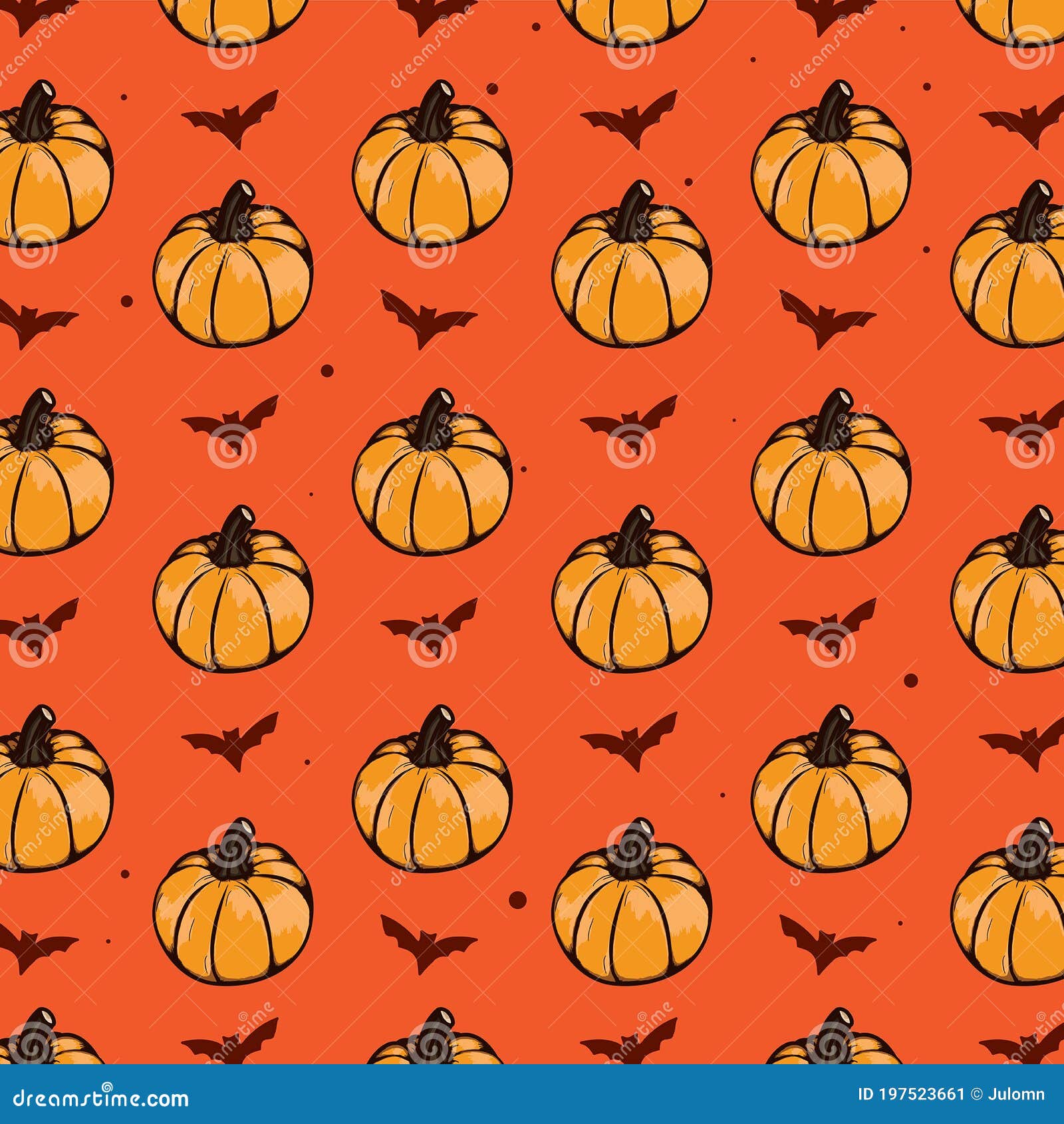 Halloween Seamless Pattern. Pumkins and Bats on an Orange Background ...