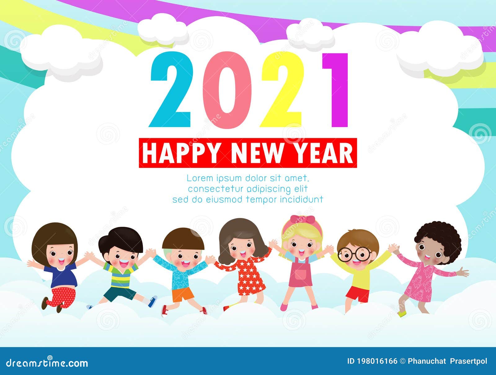 Happy New Year 2021 Greeting Card with Group Kids Jumping on Sky and