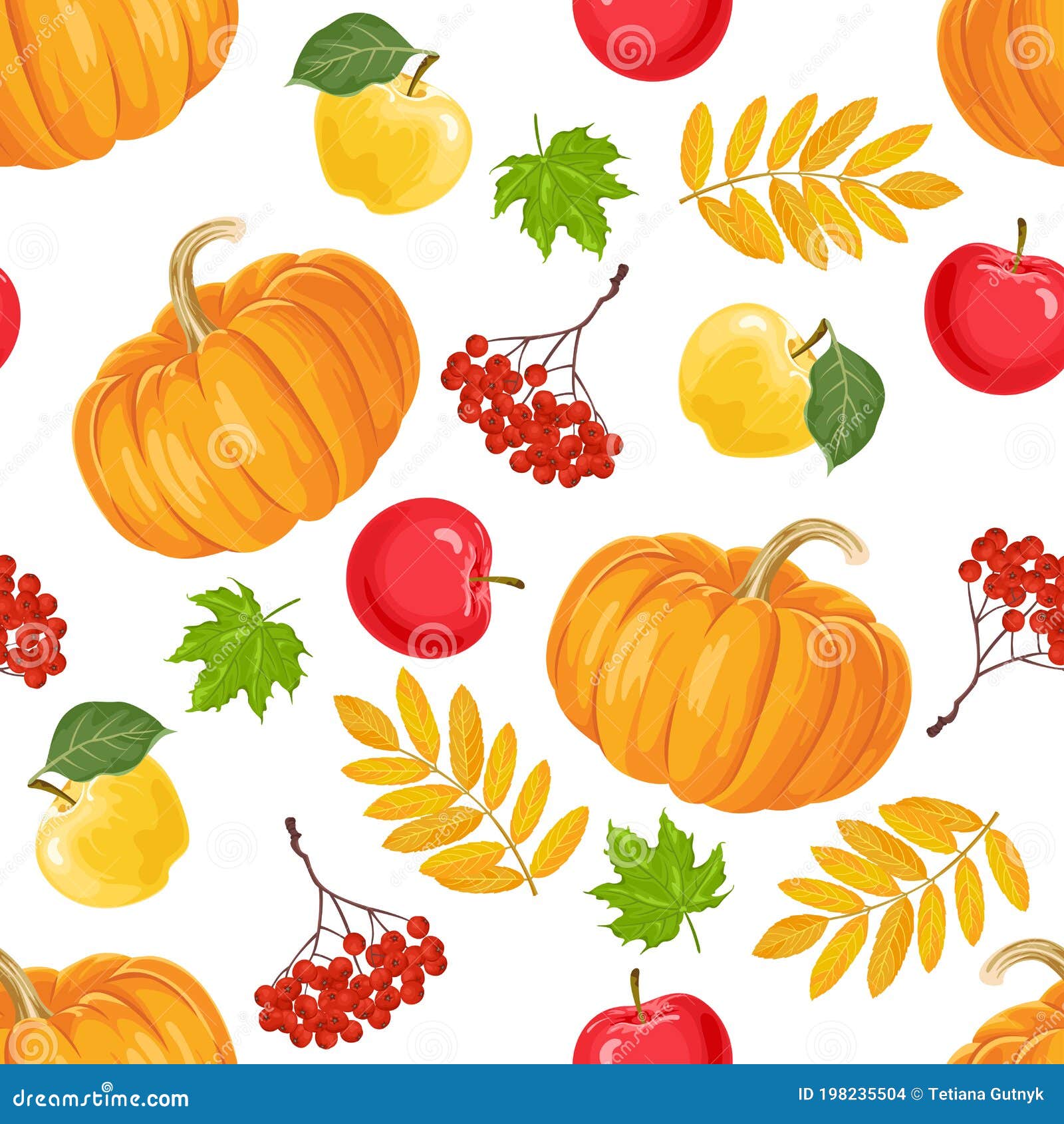 Autumn Seamless Pattern with Orange Pumpkins, Bunches of Red Rowan ...