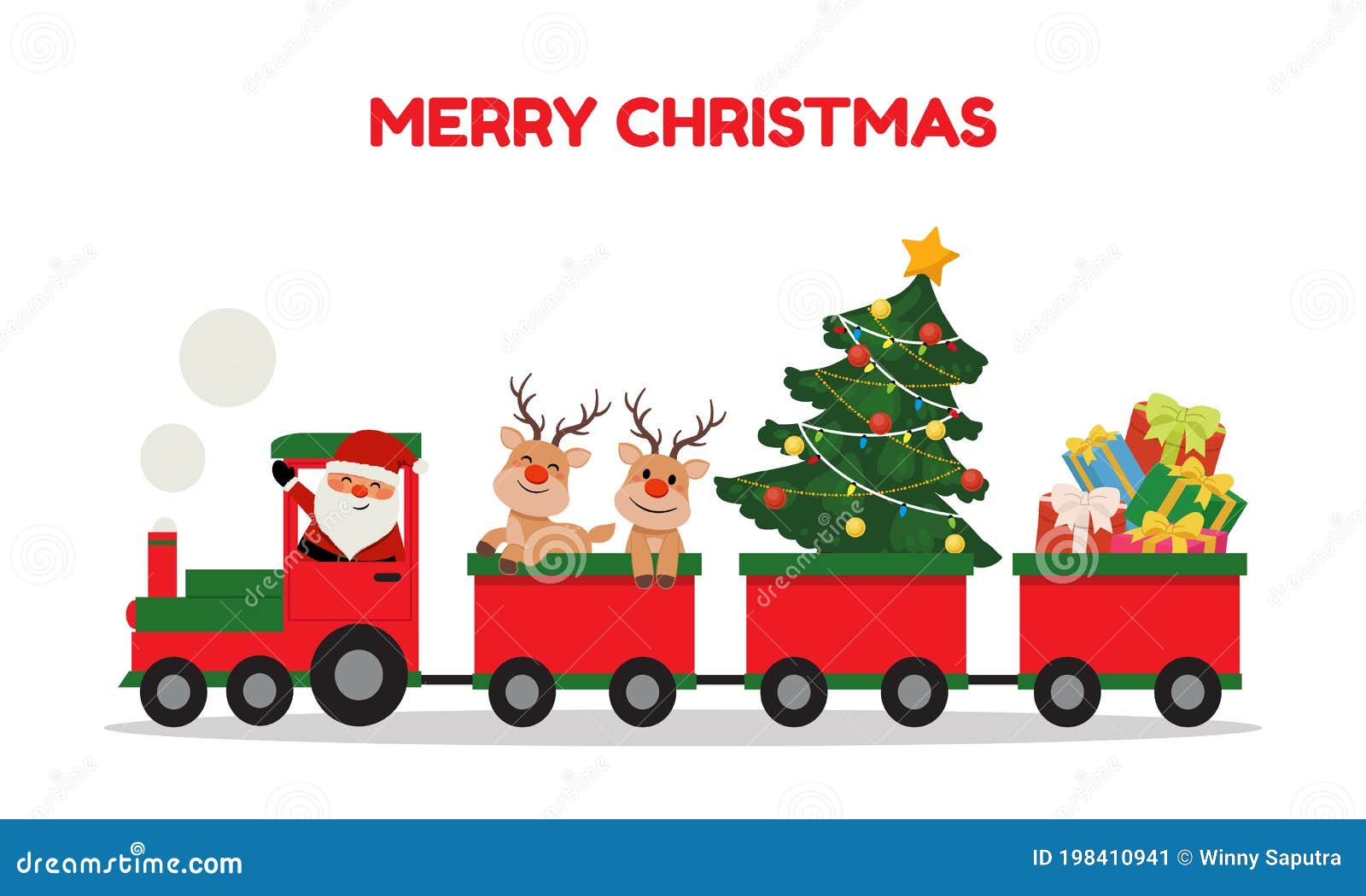 Cute Santa and Reindeer Riding Christmas Train. Winter Holiday Clip Art