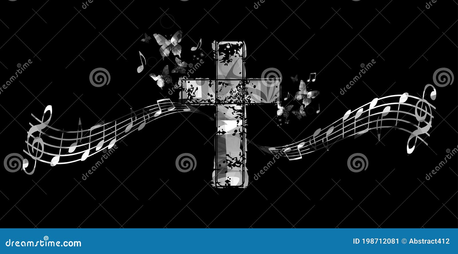 Christian Cross with Music Notes Vector Illustration. Religion Themed