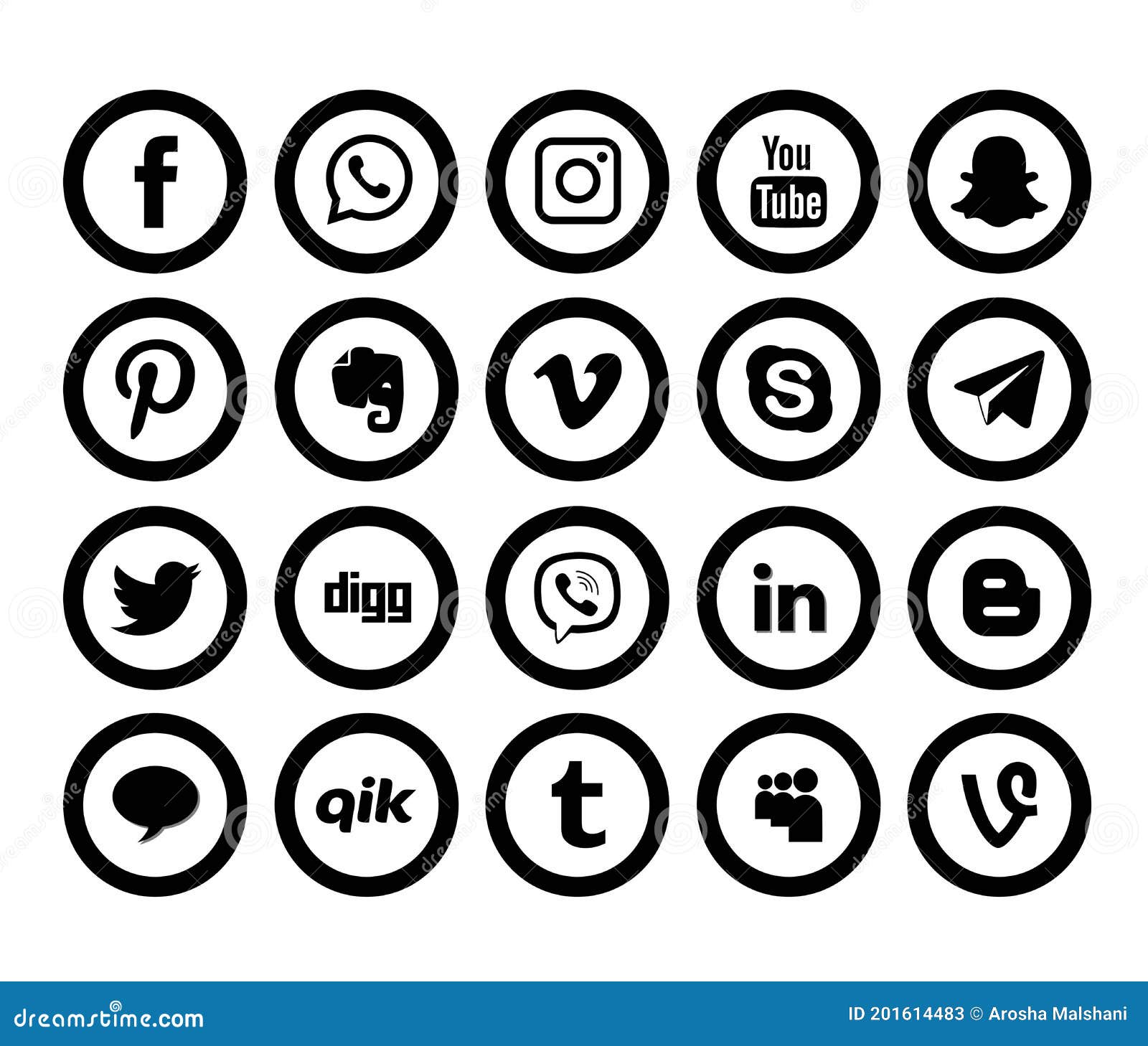Set of Most Popular Round Black Social Media Icons. Editorial Stock