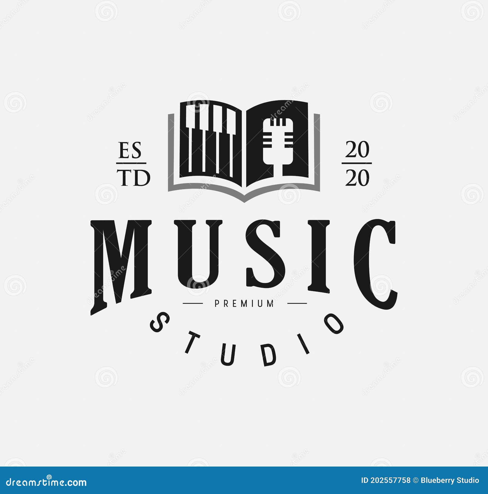Open Music Book Logo Design with Black Piano and Mic for Music Studio