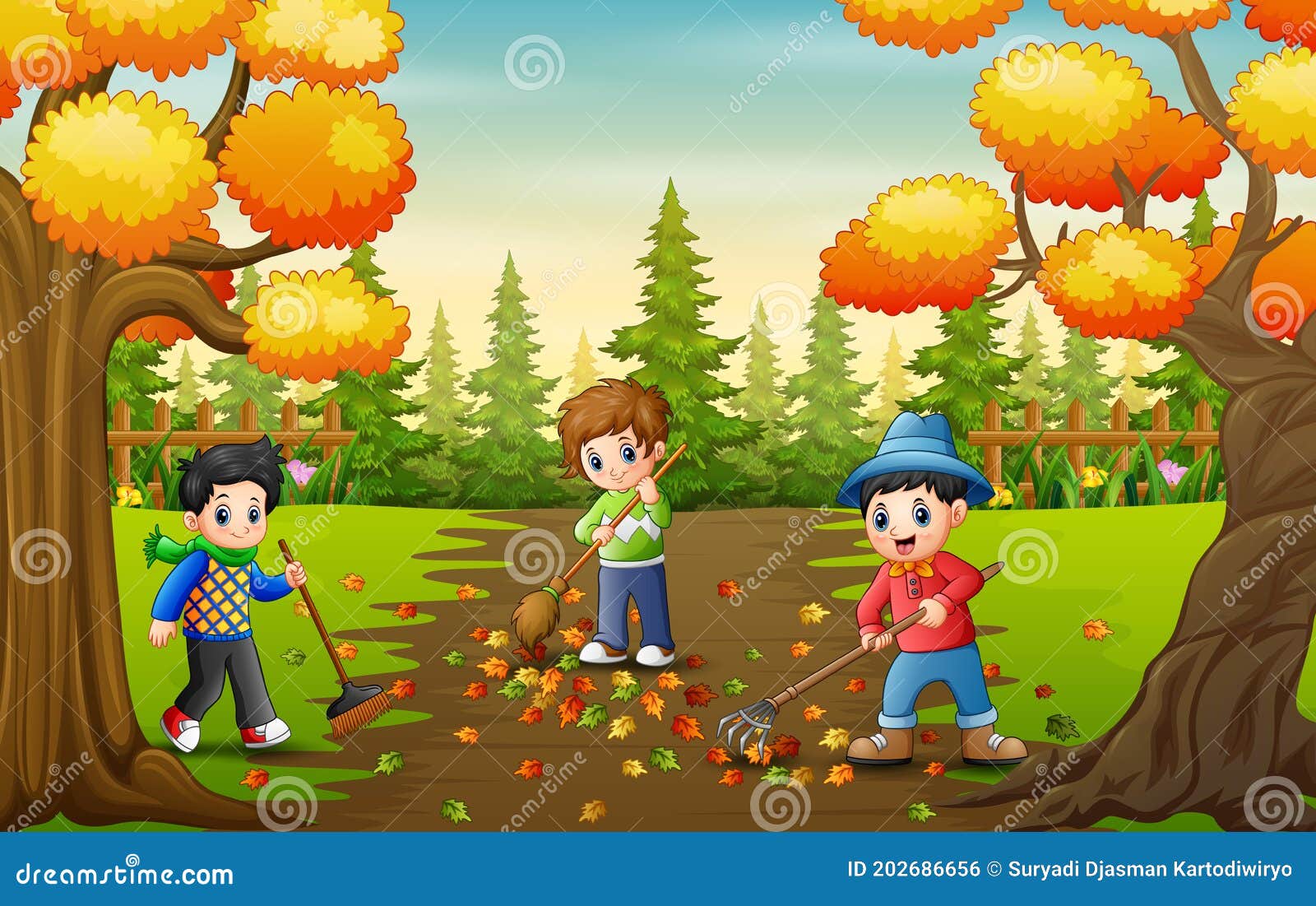 The Volunteers Cleaning Up Autumn Leaves in the Park Stock Vector ...