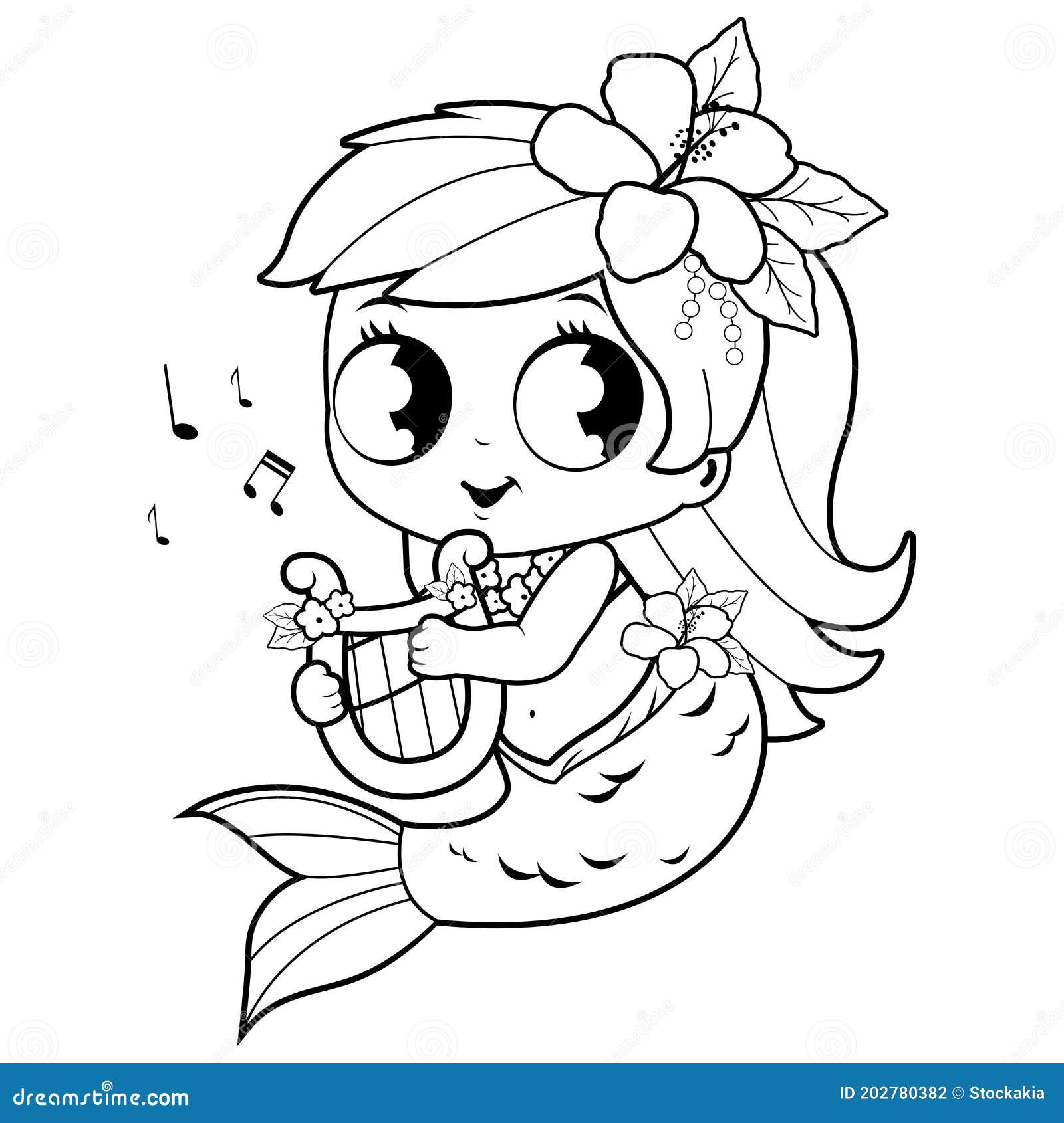 Download Cute Mermaid Playing Music With Her Lyre. Vector Black And ...