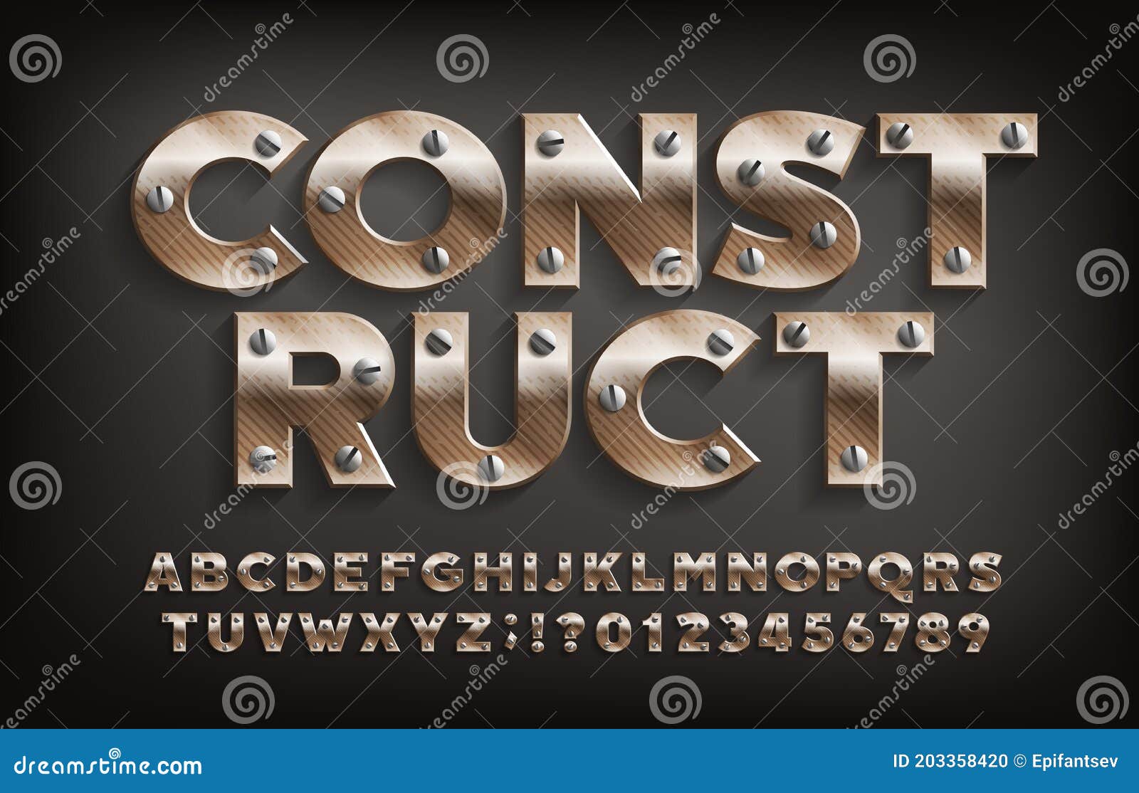 construct alphabet font. metallic letters and numbers with screws.