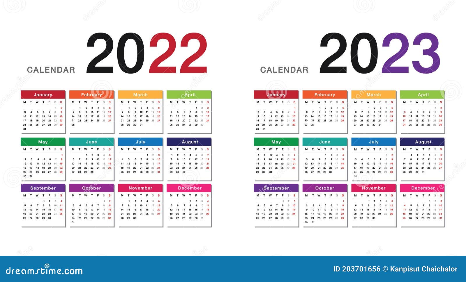 Colorful Year 2022 And Year 2023 Calendar Horizontal Vector Design