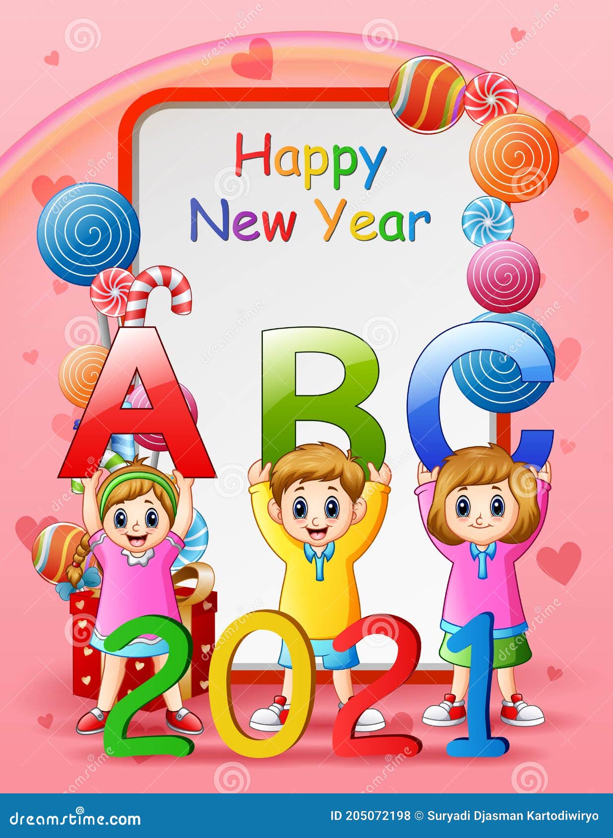 Happy New Year 2021 Greeting Card with Kids Holding ABC Letter Stock