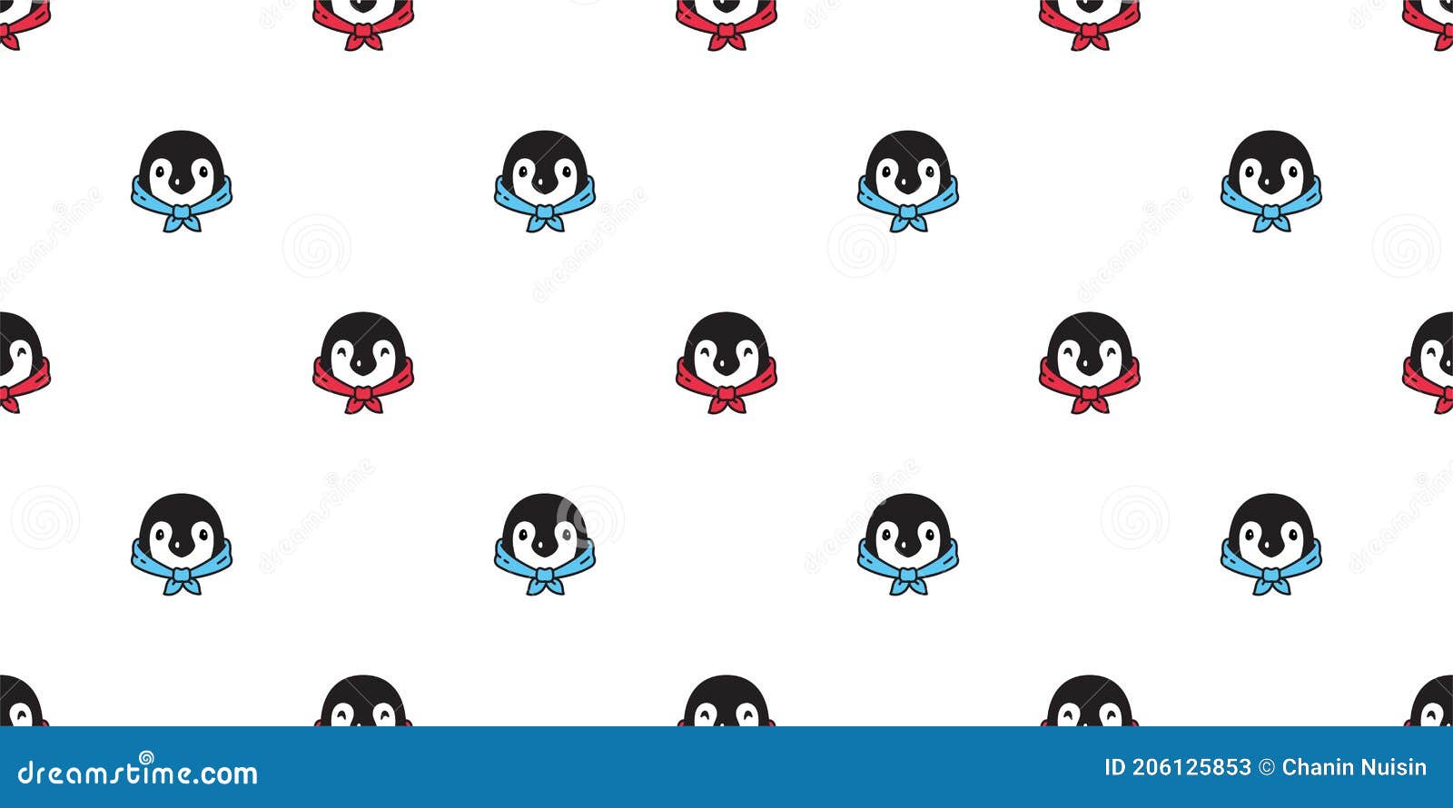 penguin seamless pattern bird  head face scarf cartoon doodle  repeat wallpaper tile background  