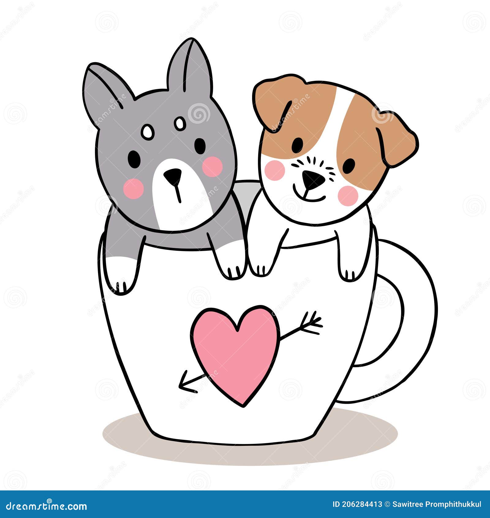 Hand Draw Cartoon Cute Valentines Day, Dogs in Cup Coffee Vector. Stock  Illustration - Illustration of smile, cartoon: 206284413