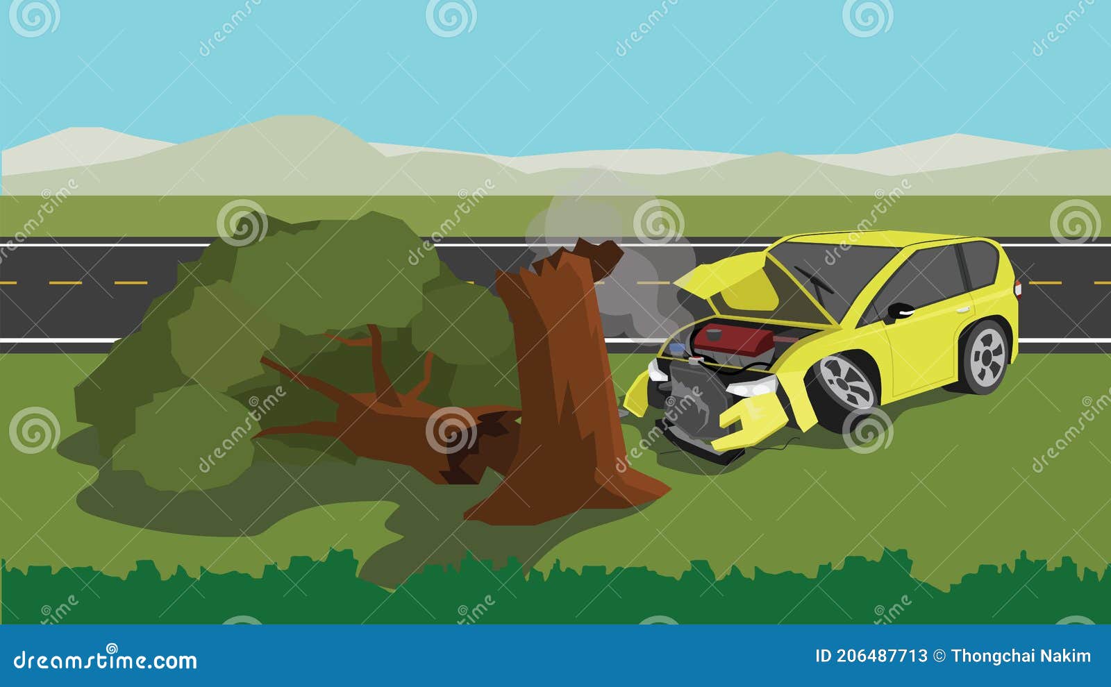 Accident On Asphalt Road With Grass On The Side. Passenger Car Ran Off