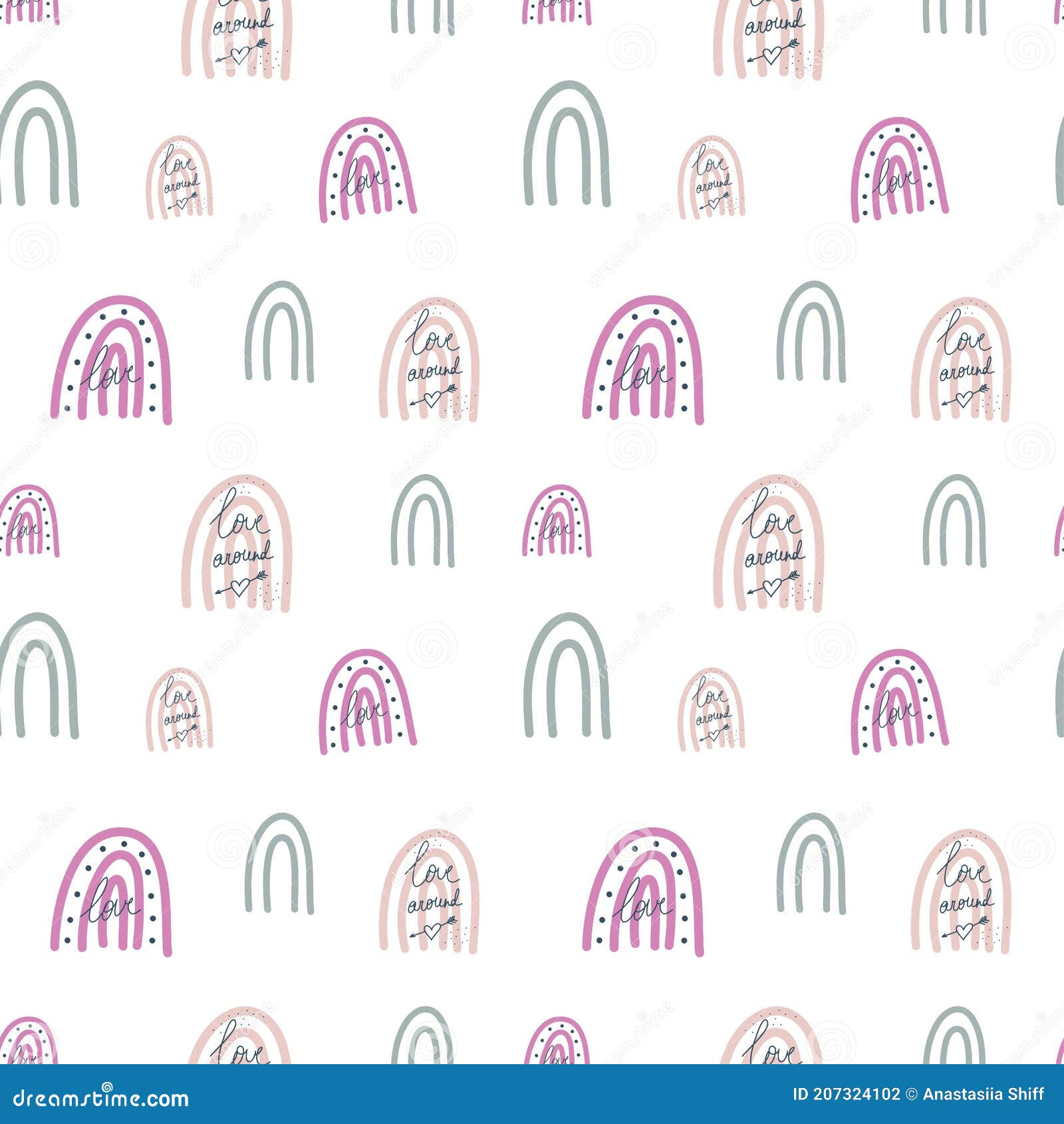 valentines seamless pattern with love, amor and pastel rainbows.