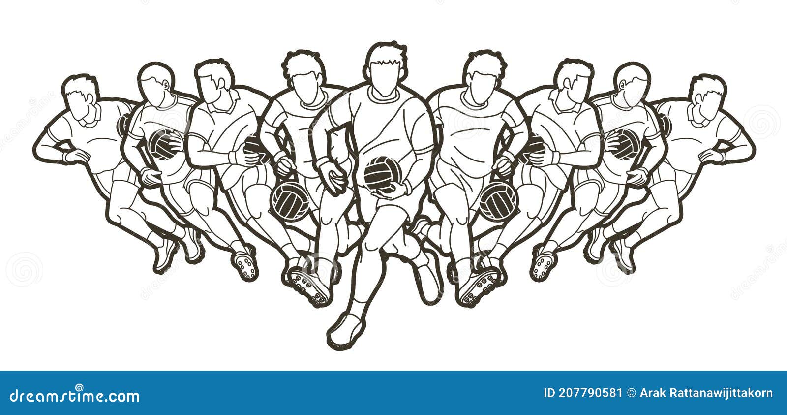 group of gaelic football men players action cartoon graphic .