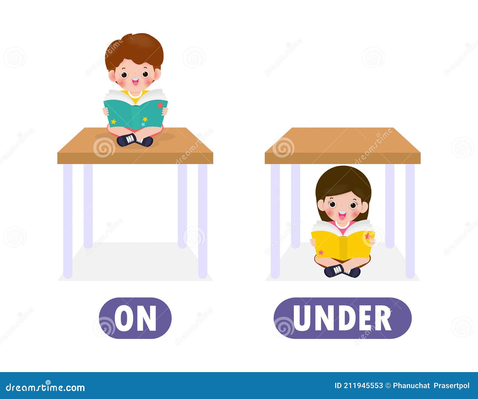 Words On And Under With Cartoon Characters Cute Kids Reading Book words-on-and-under-with-cartoon-characters-cute-kids-reading-book