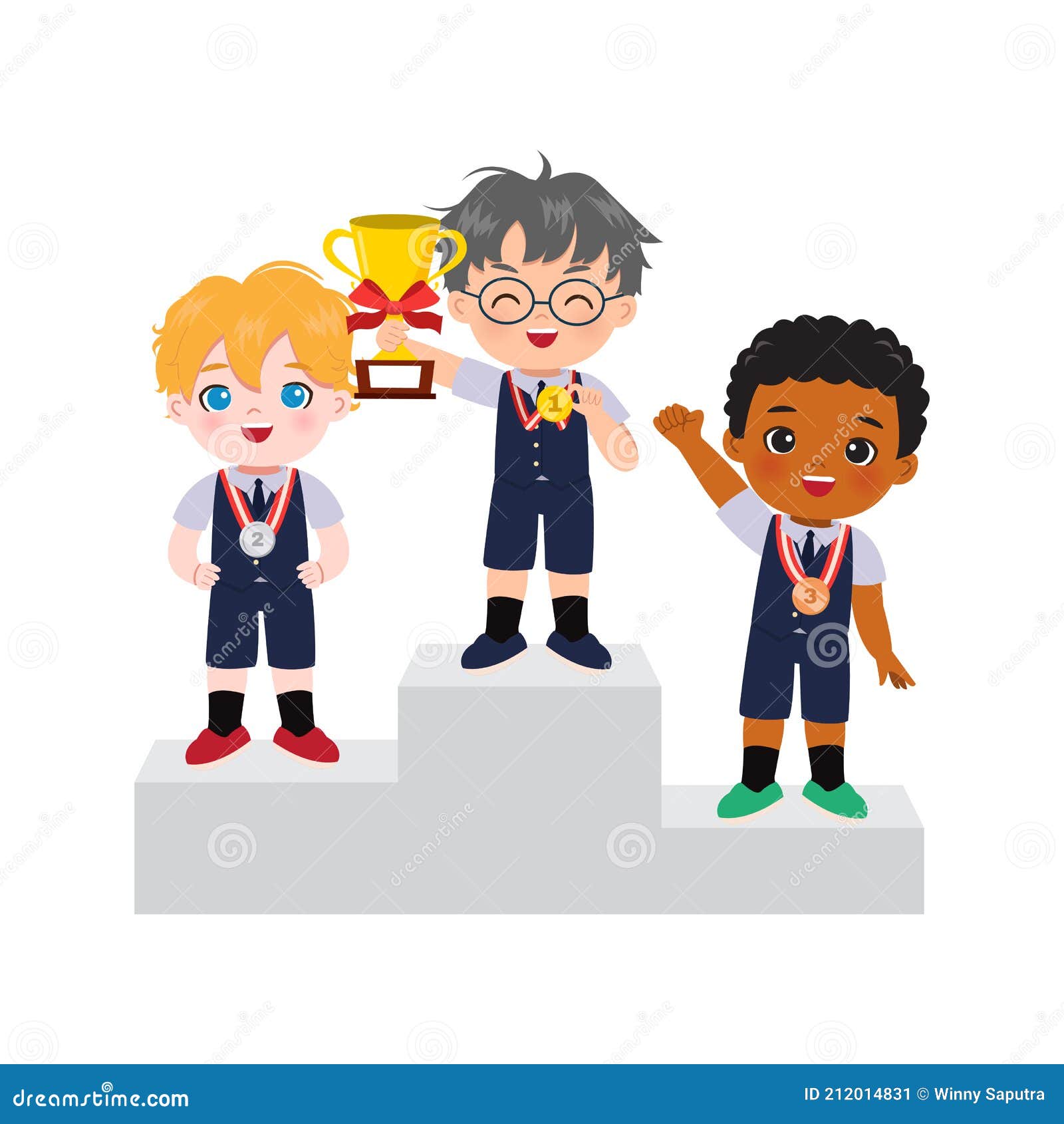 Cute Boys in School Uniform Standing in Podium As Winner of Gold