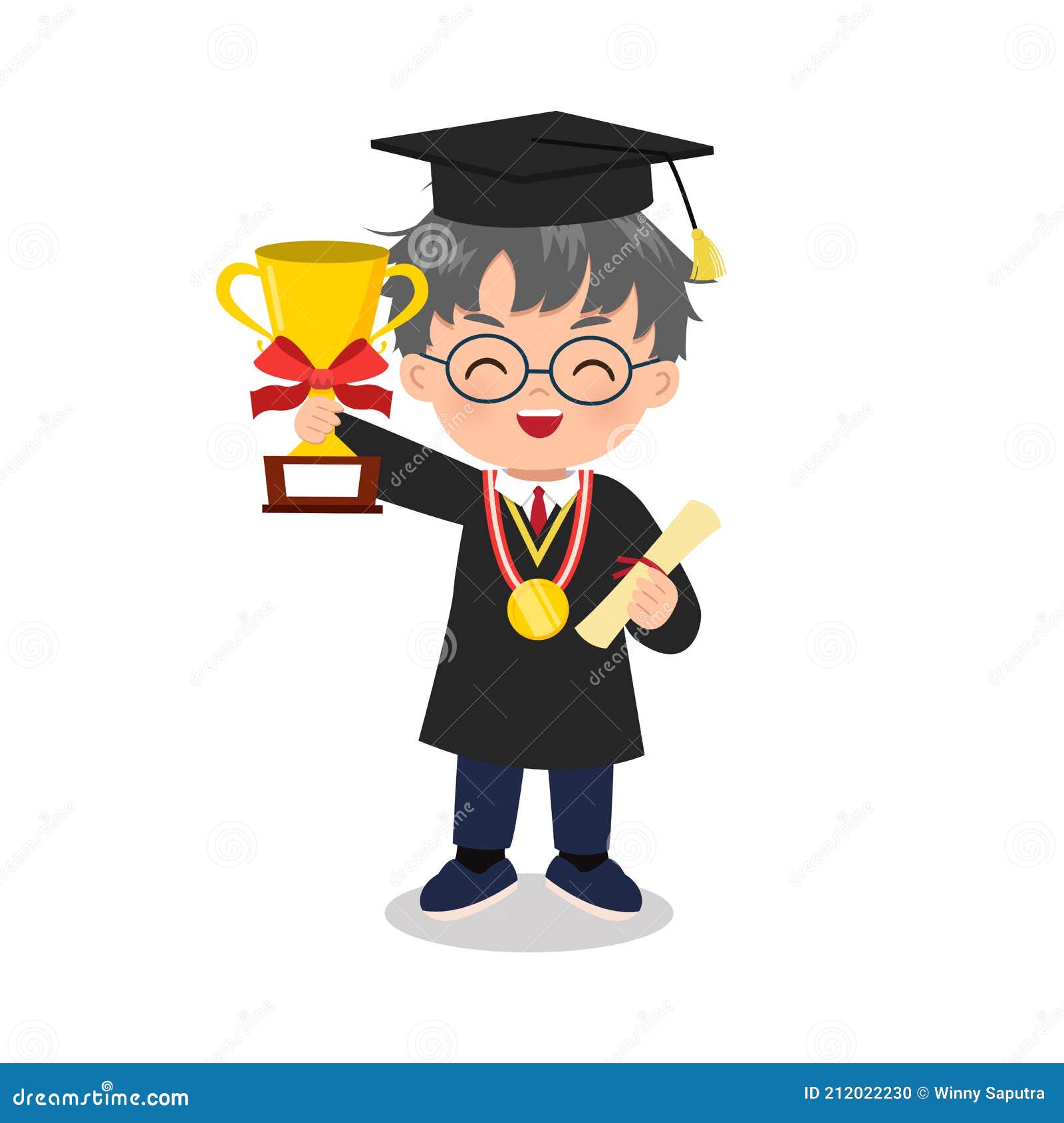 Cute Boy in Graduation Gown Holding a Trophy and Gold Medal. Smart Kids