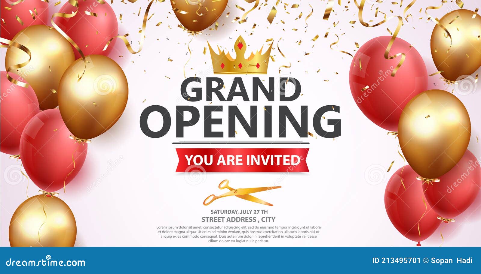 grand opening card  with red ribbon and gold confetti