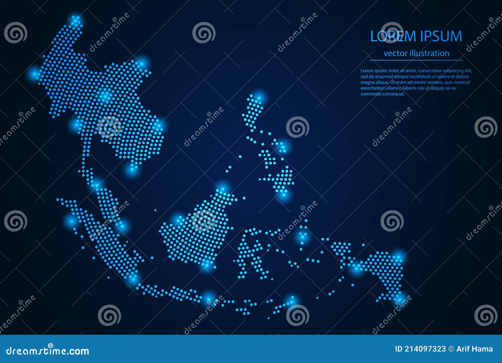 abstract image southeast asia map from point blue and glowing stars on a dark background