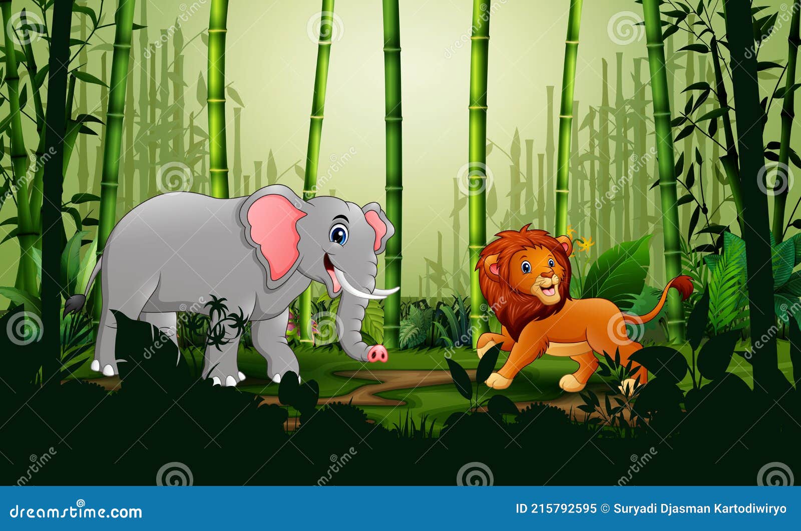 A Lion and Elephant in the Bamboo Forest Landscape Stock Vector -  Illustration of ecology, abstract: 215792595