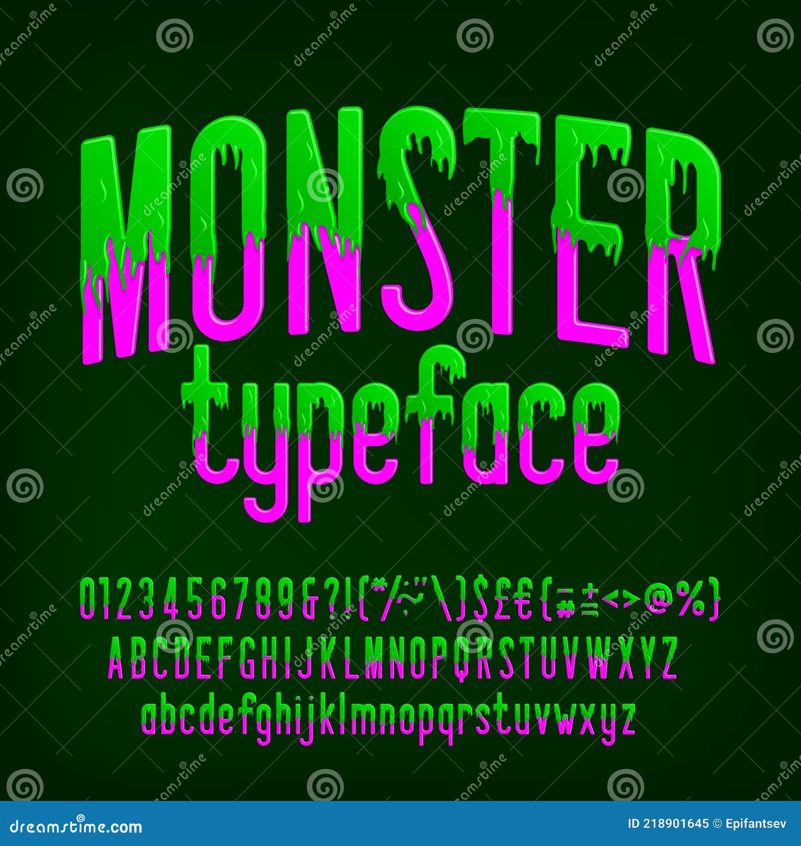 monster alphabet font. slime letters, numbers and punctuation.